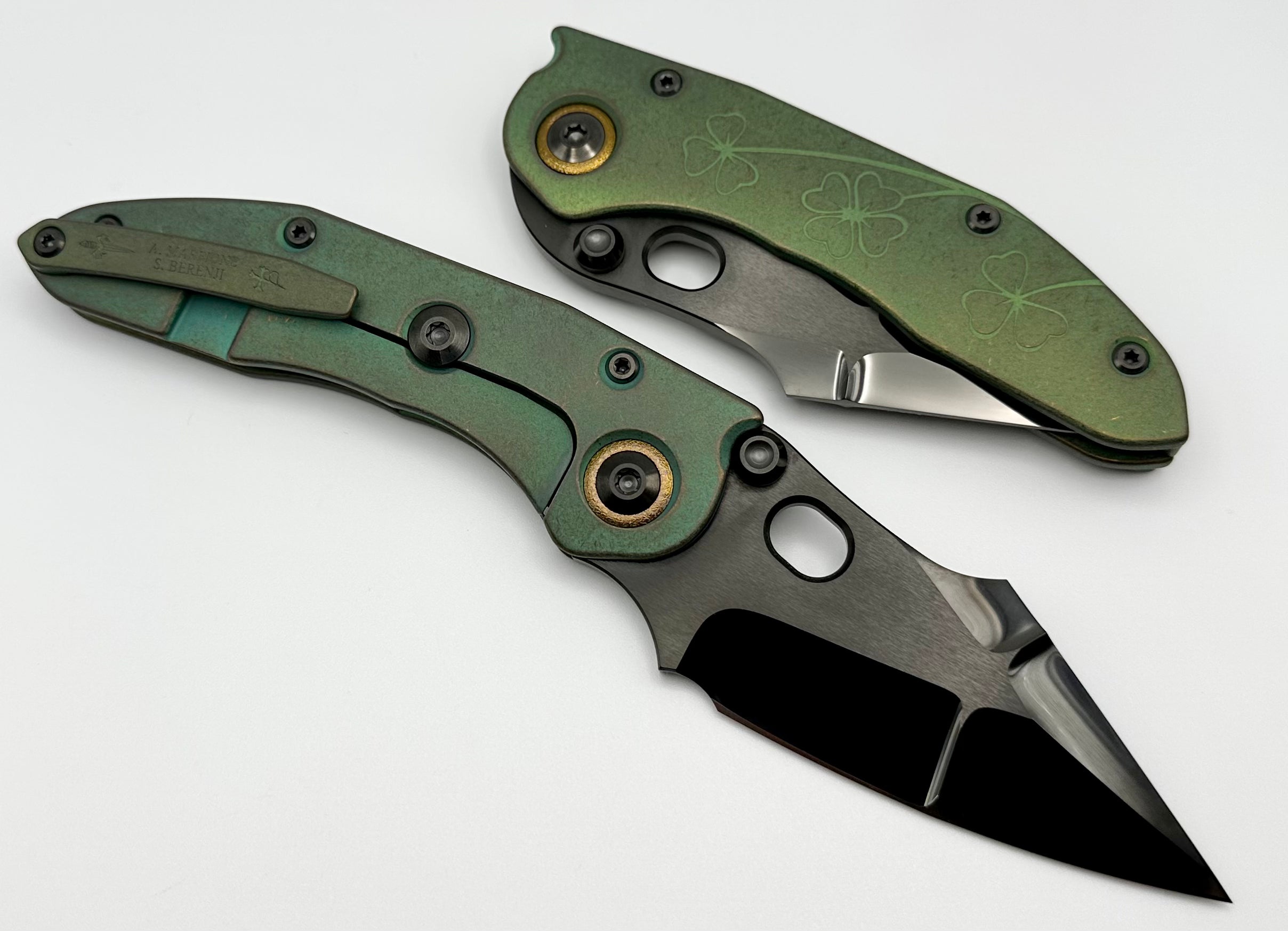 Marfione Custom Knives & Borka Blades Antique Green Lucky Stitch w/ DLC Diamond Wash Double Star Grind M390 & Antique Green Engraved Titanium