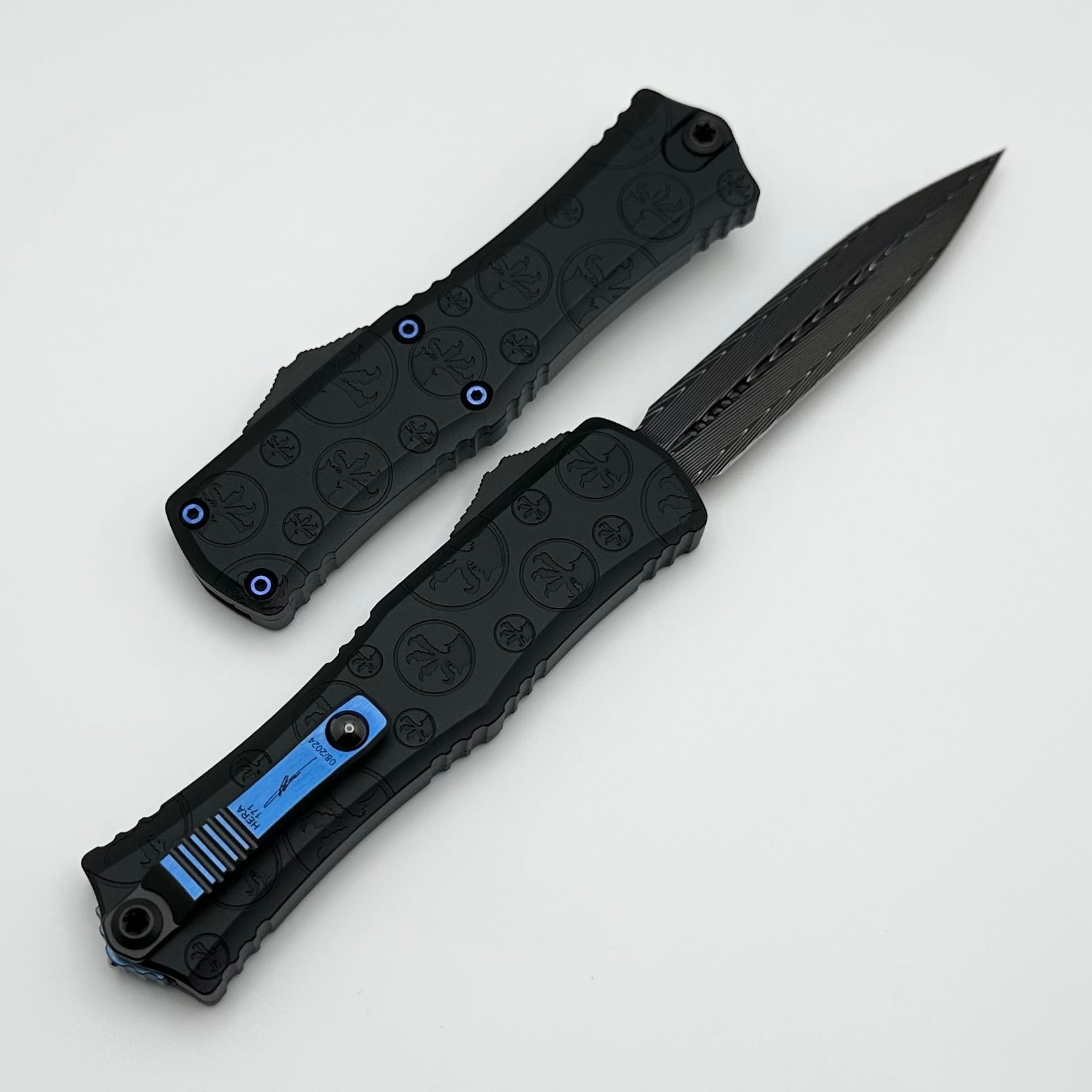 Microtech Knives Hera II Mini Vegas Forge Blued Herringbone Damascus D/E w/ Black Claw Burst Deep Engraved Handle & Blue Ti Hardware Signature Series 1702M-16MS1