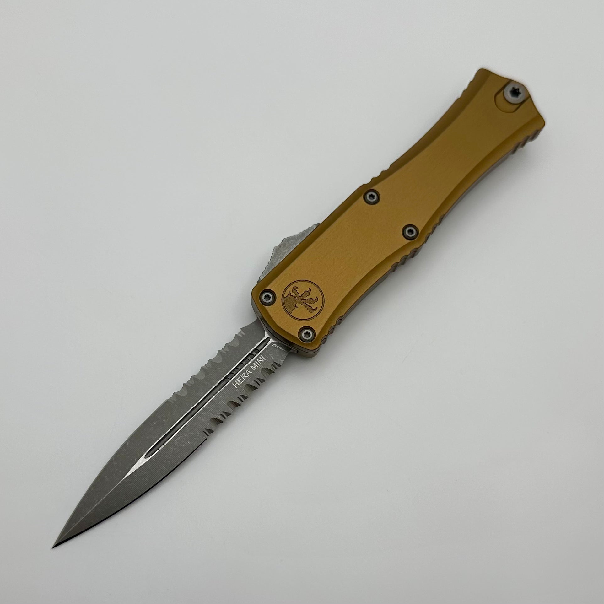 Microtech Knives Mini Hera Apocalyptic Partial Serrated Double Edge M390MK w/ Tan Handle 1702M-11APTA