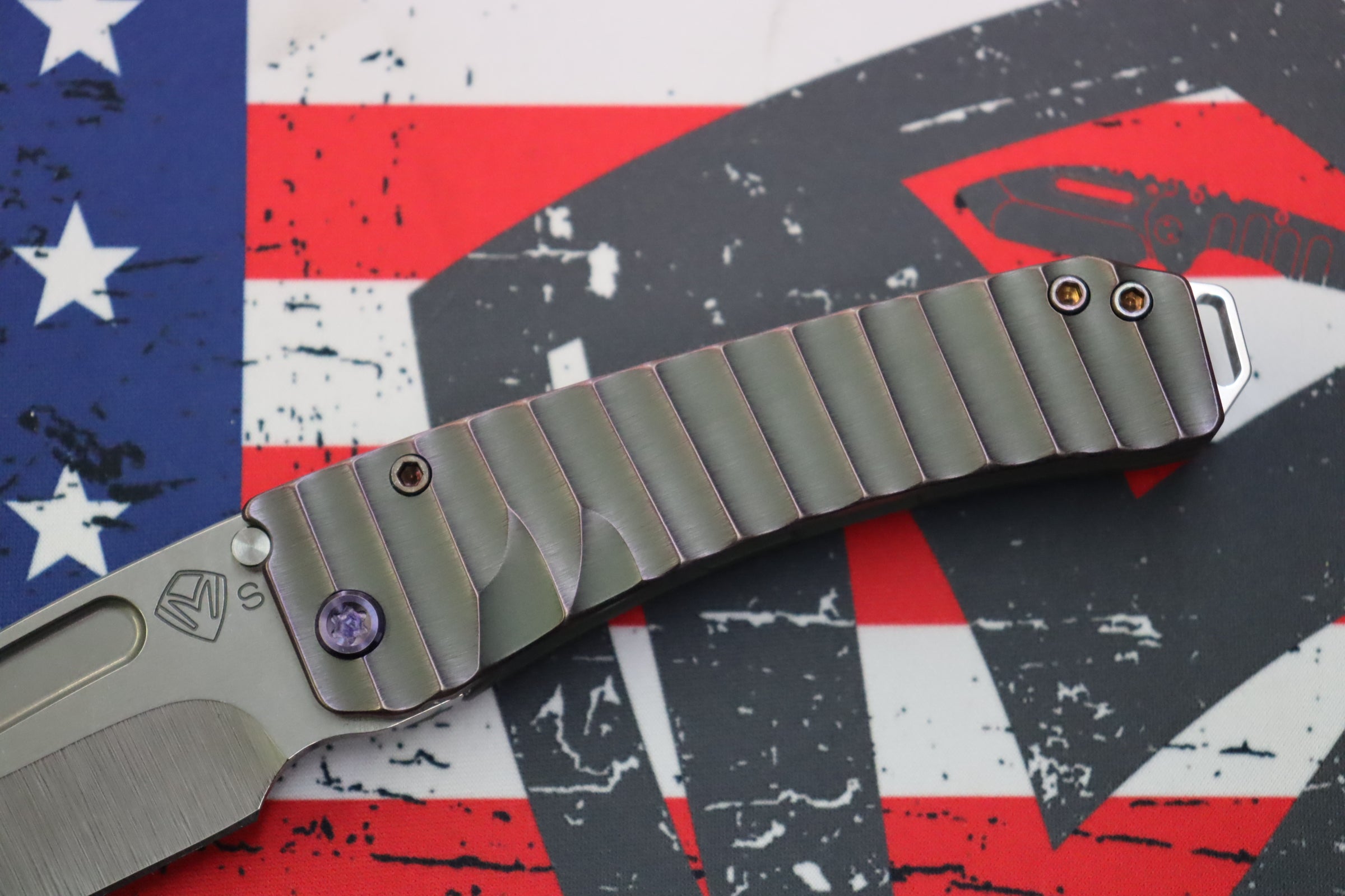 Medford Midi Marauder Tumbled S35 Tanto & Bead Blast Cement w/ Violet Mini Gator Belly Sculpted Handles w/ Violet Hardware/Clip