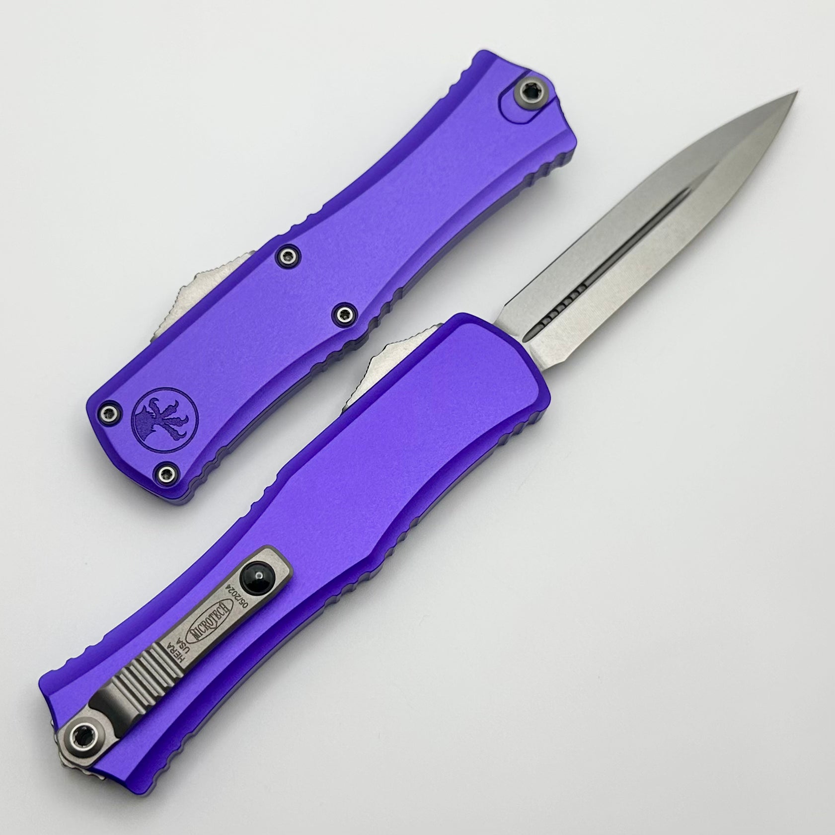 Microtech Knives Mini Hera Stonewash Double Edge M390MK w/ Purple Handle 1702M-10PU