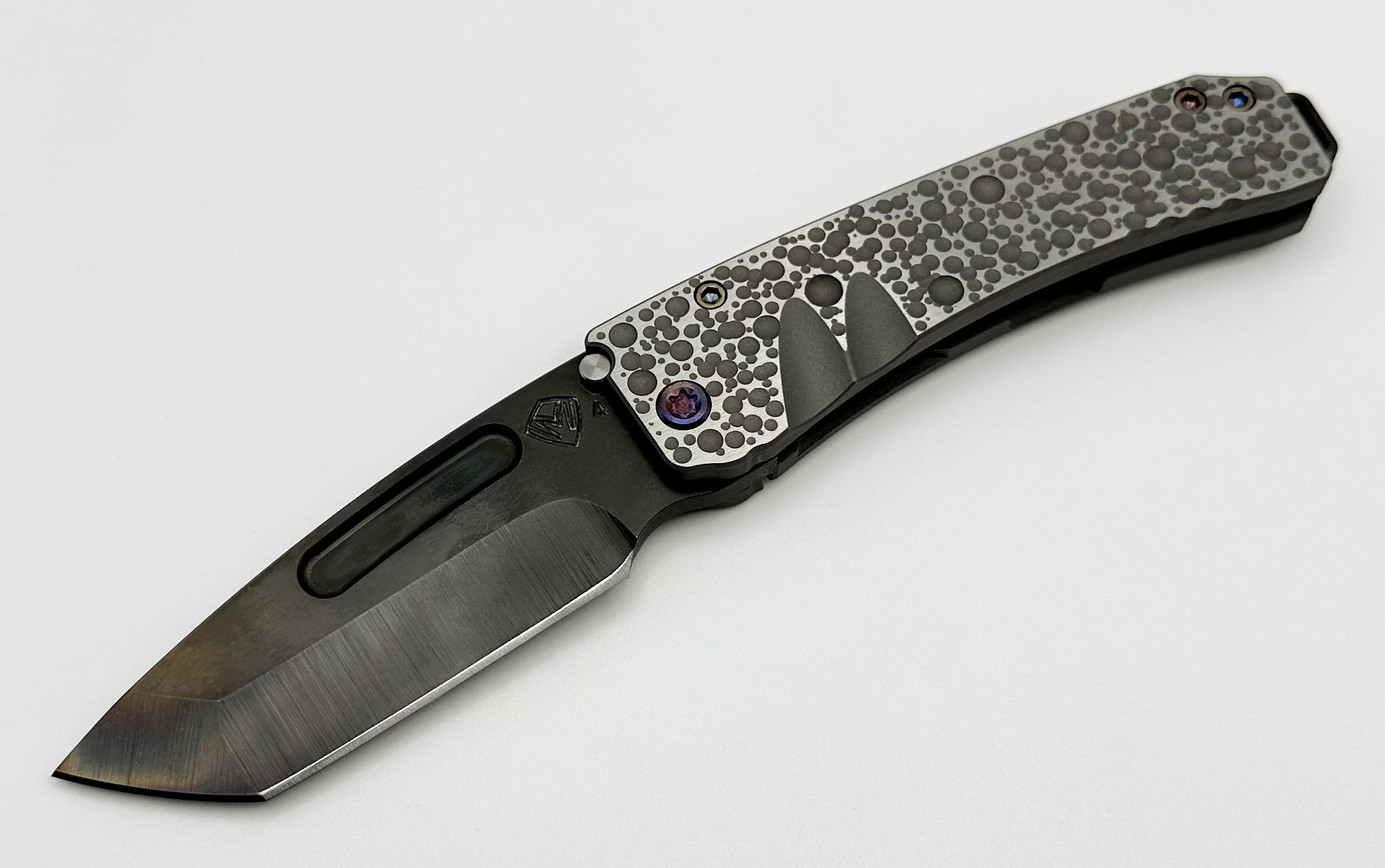 Medford Midi Marauder Vulcan S45 Tanto & Moon Craters Sculpted Handles w/ Flamed Hardware/Clip & Blasted Perimeters