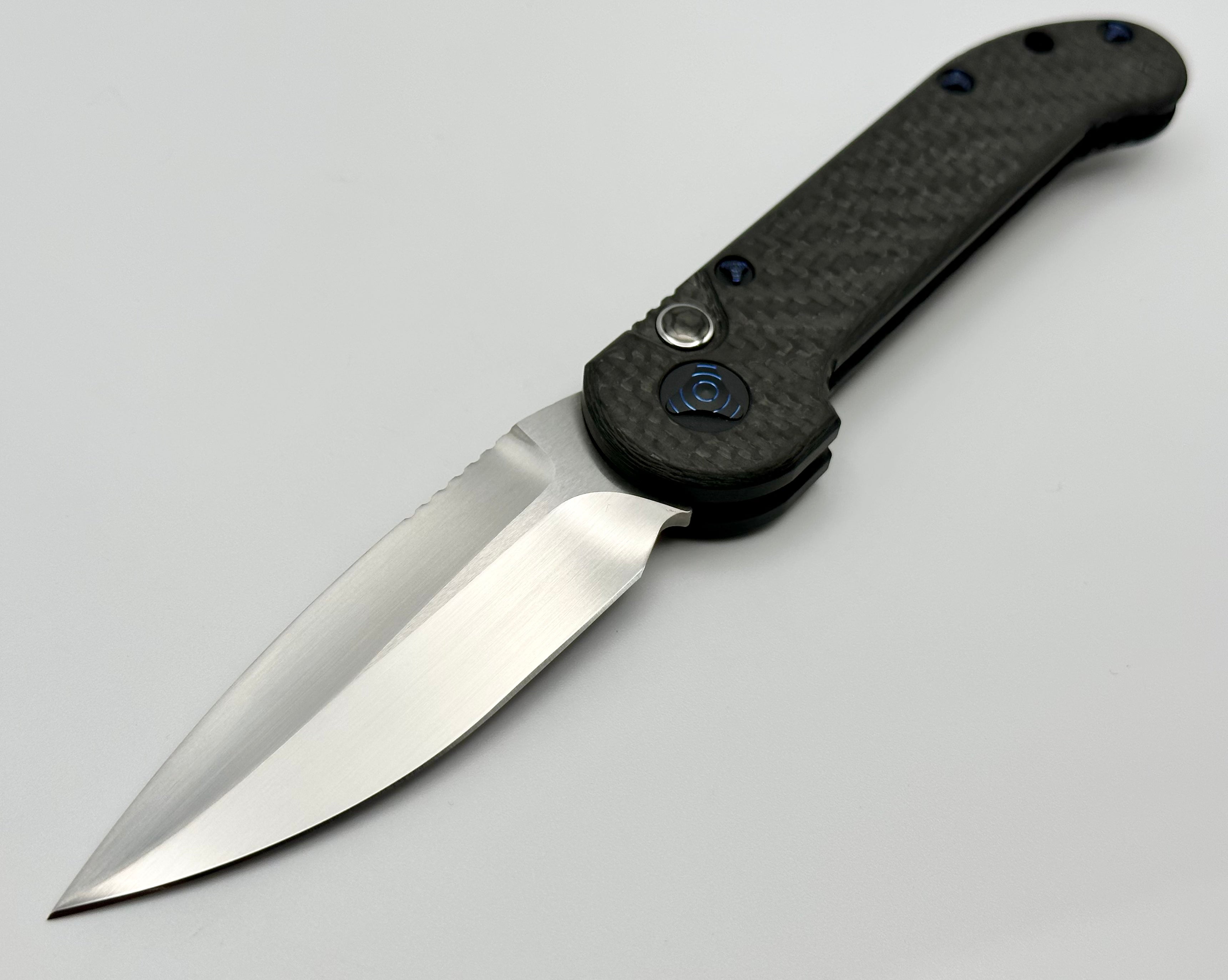 Marfione Custom Knives LUDT Hand Satin w/ Carbon Fiber & Blue Ringed Hardware