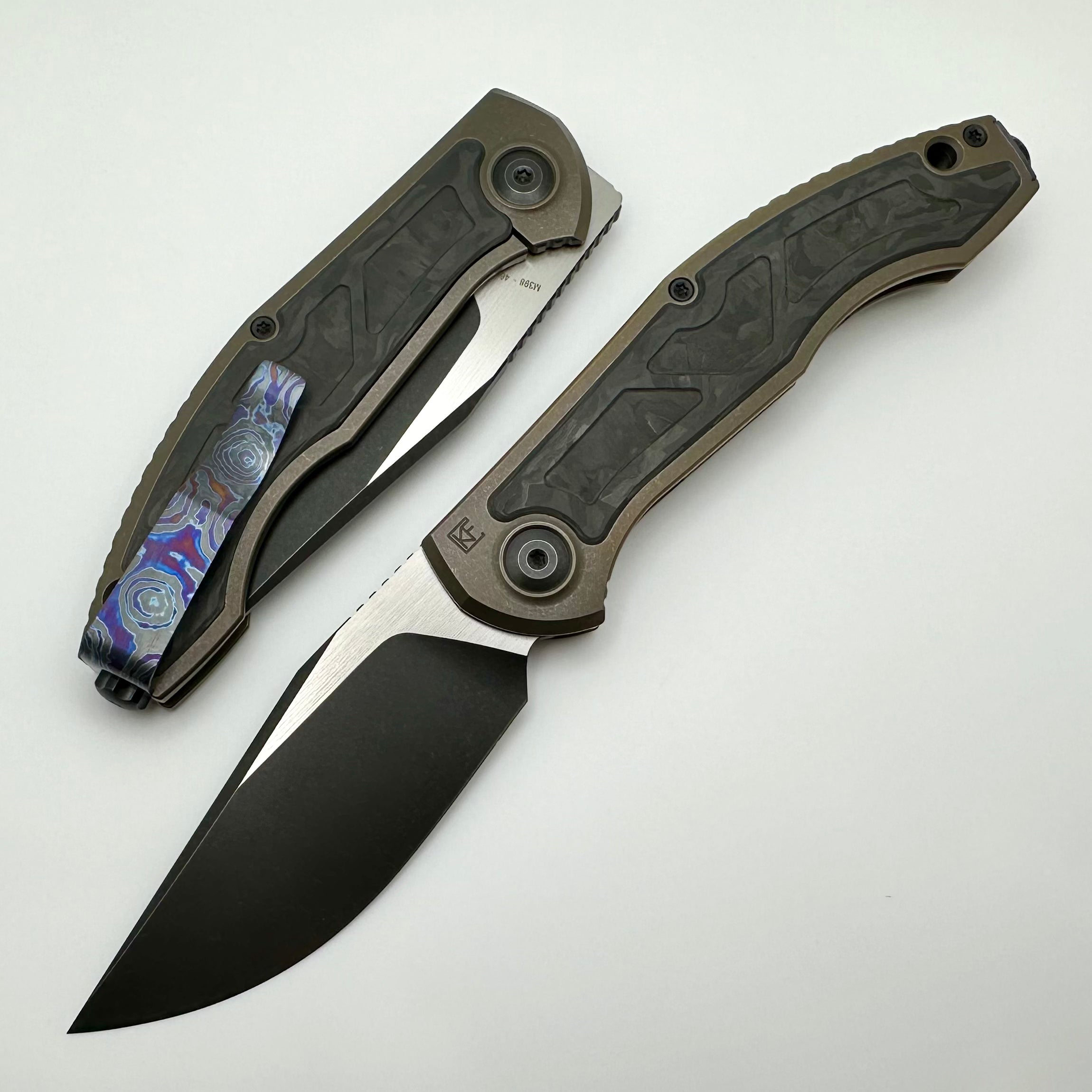 Custom Knife Factory Veksha HD Carbon Fiber & Bronze Titanium Handles w/ Two Tone M398