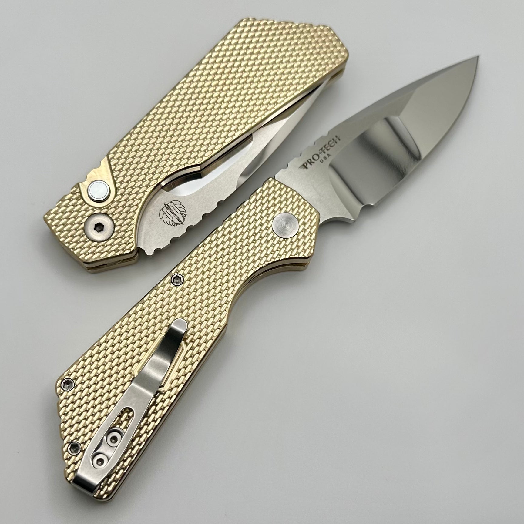 Pro-Tech PT Plus Textured ALBronze Handle w/ Pearl Button & Hand Mirrored Compound Mike Irie Blade 2024 PT+ Custom 005