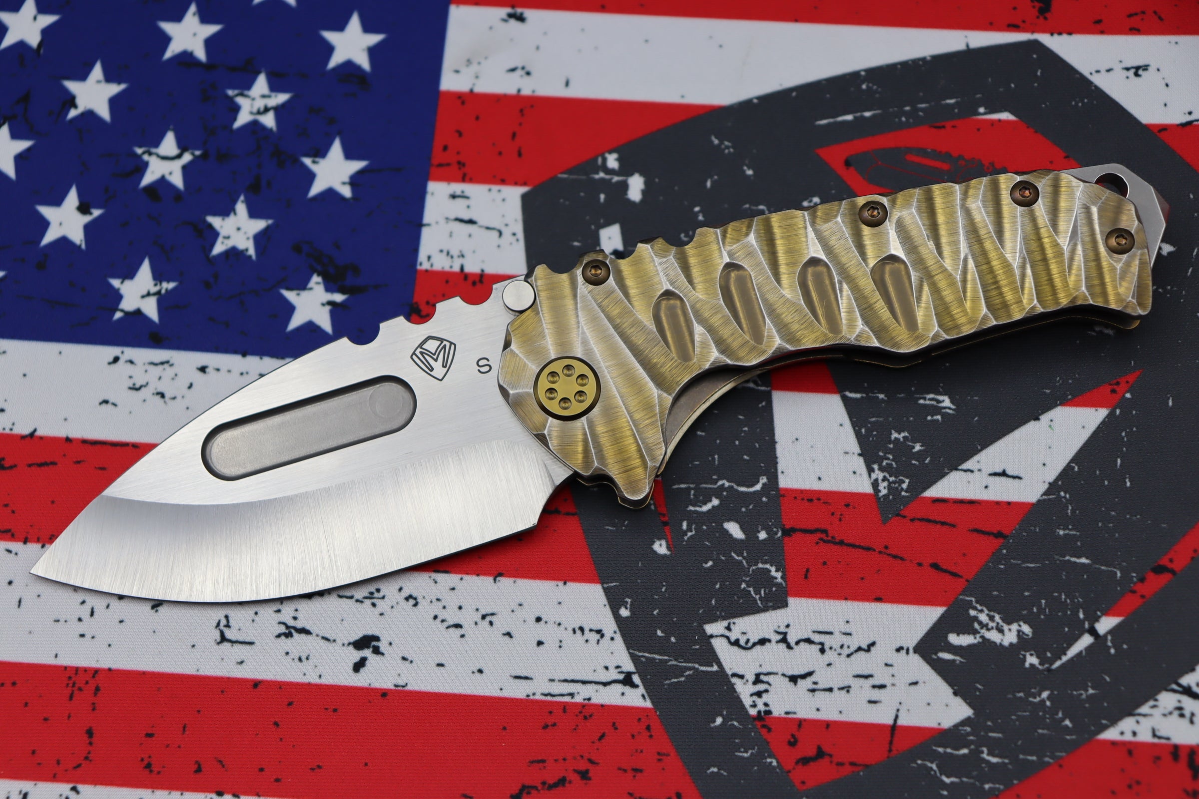 Medford Knife Praetorian T Drop Point Satin S35 & Bronze w/ Brushed Silver Predator Sculpted Handles & Bronze Hardware/Clip