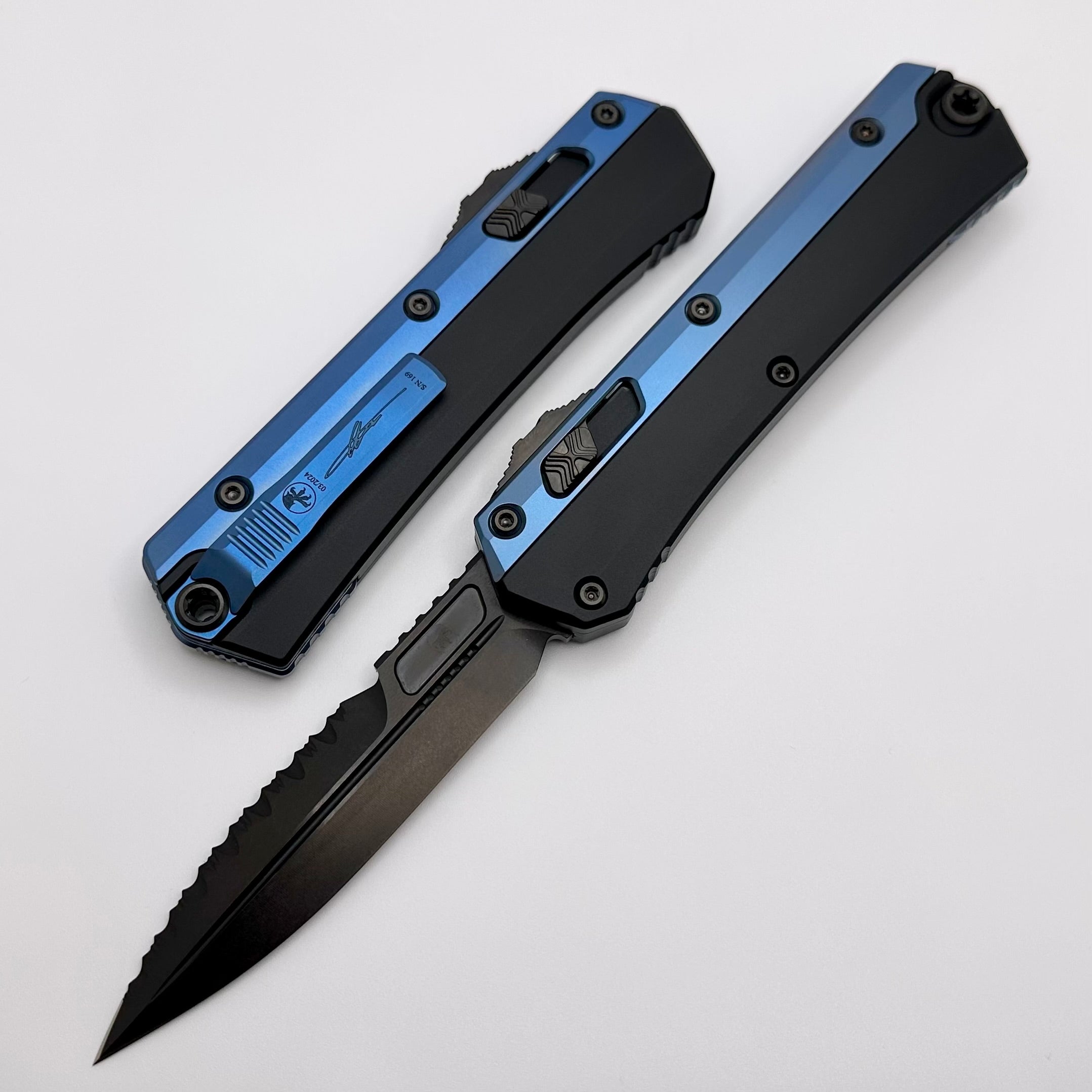 Microtech Glykon DLC Bayonet Part Serrated w/ Blue Anodized Accents Signature Series 184-2DLCBL