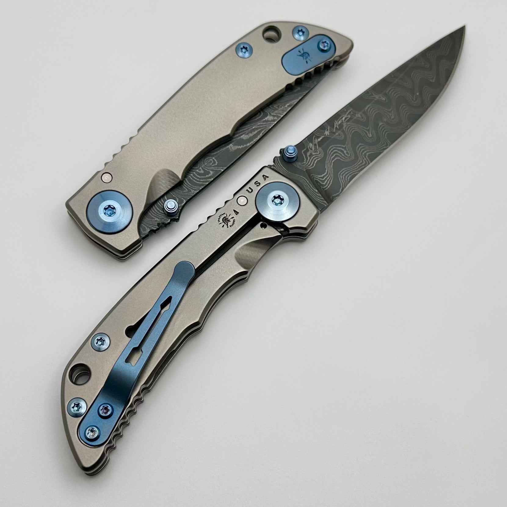 Spartan Blades Harsey Folder 3.25 w/ Damascus & Blue Accents SF10DMBL