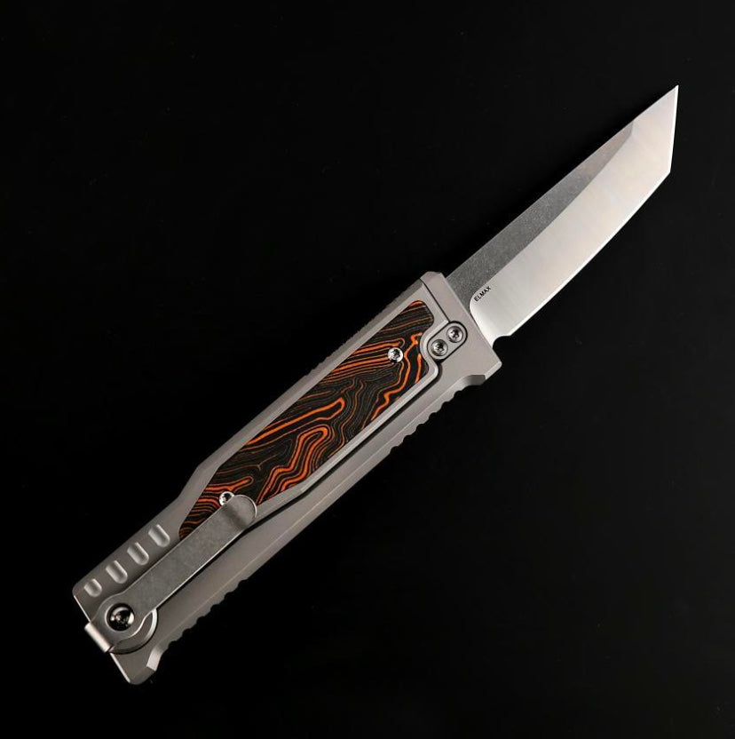 Reate EXO M Orange/Black Damascus Pattern G-10 & Satin/Stonewash Tanto