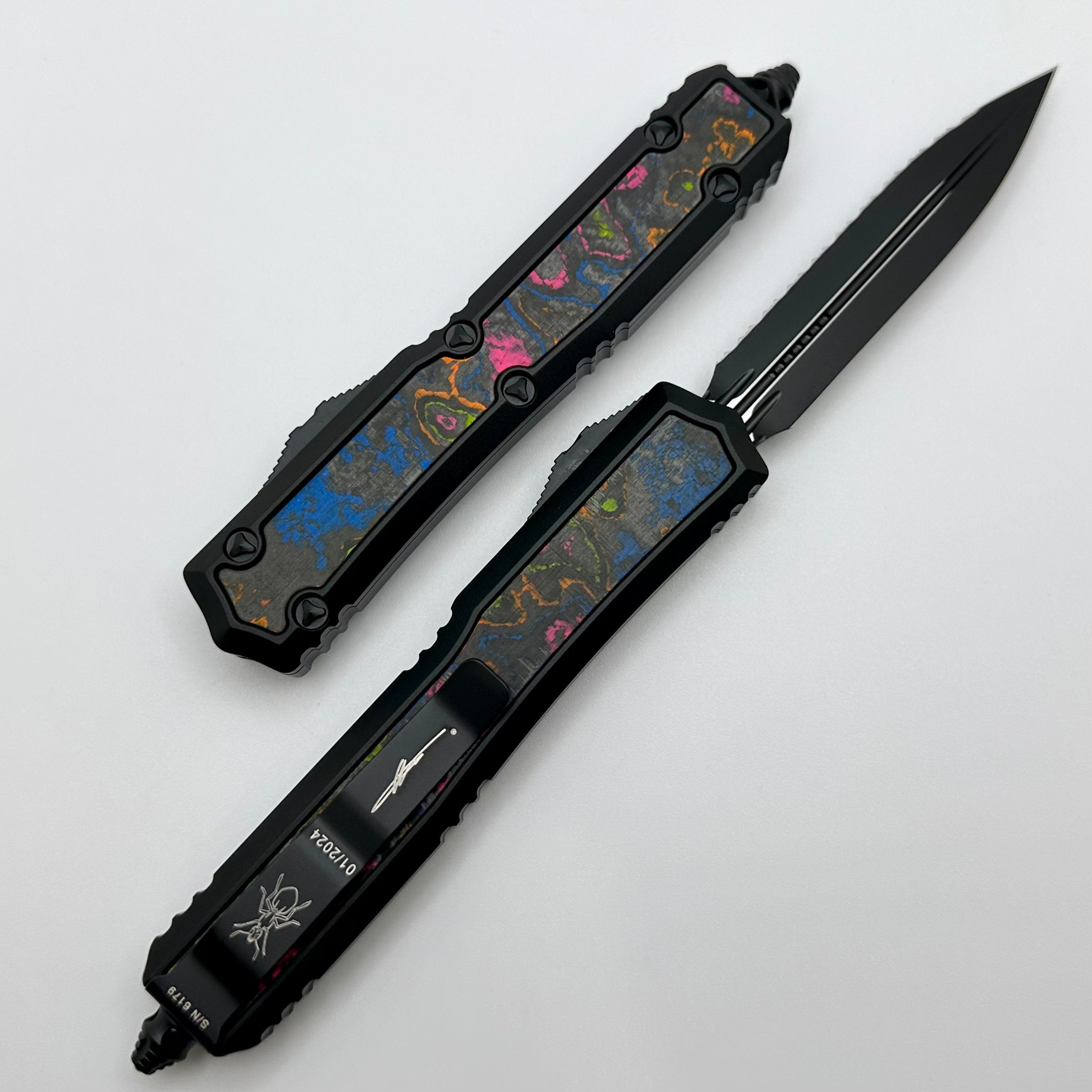 Microtech Makora Double Edge Full Serrated Tactical 80's Camo Carbon Inlay Nickel Boron Internals Signature Series 206-3T80CCIS ONE PER HOUSEHOLD