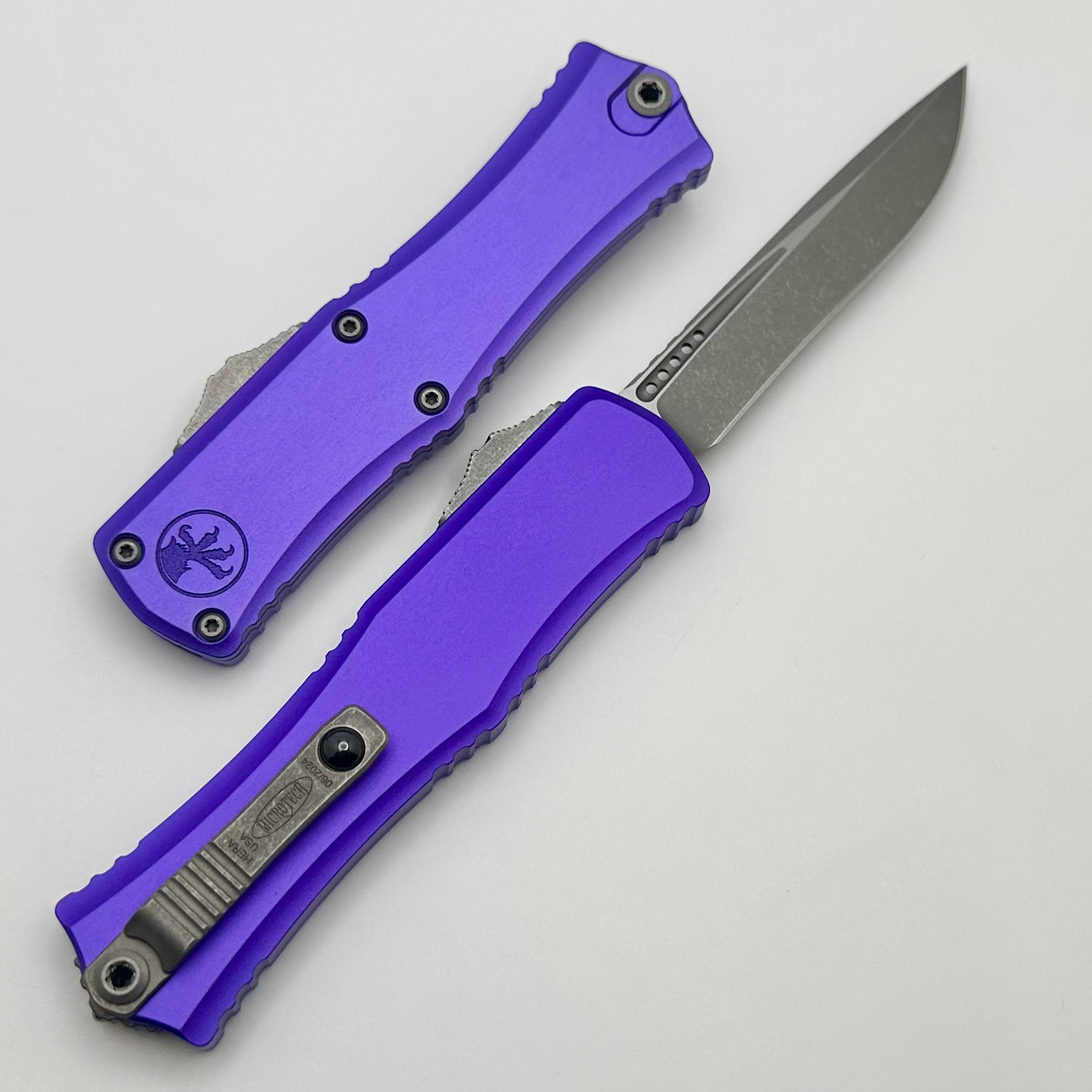 Microtech Knives Mini Hera Apocalyptic Recurve M390MK w/ Purple Handle 1705M-10APPU