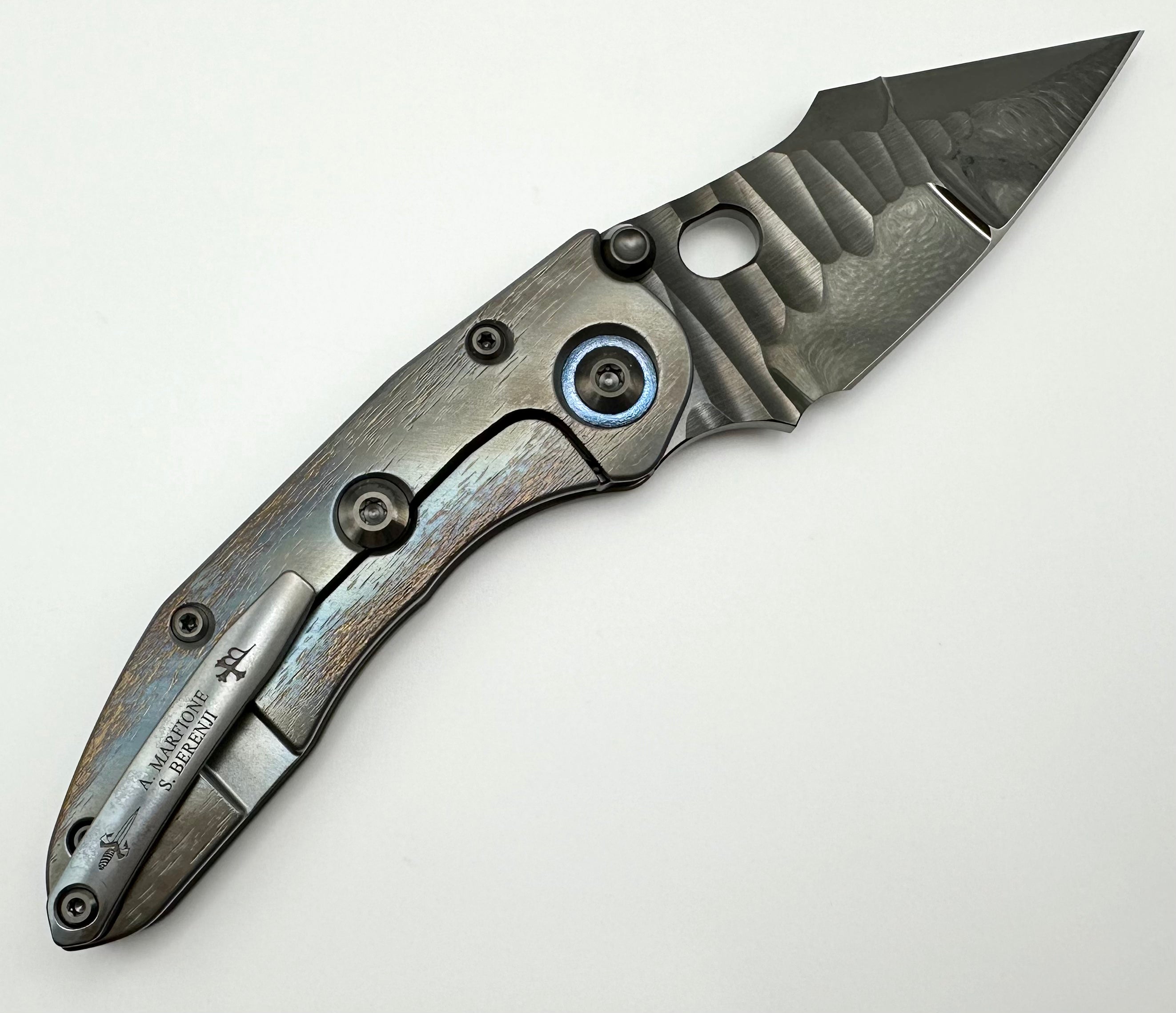 Marfione Custom Knives & Borka Blades Stitch w/ DLC Cracked Diamond Wash Rocked Double Star Grind M390 & Cosmic Titanium