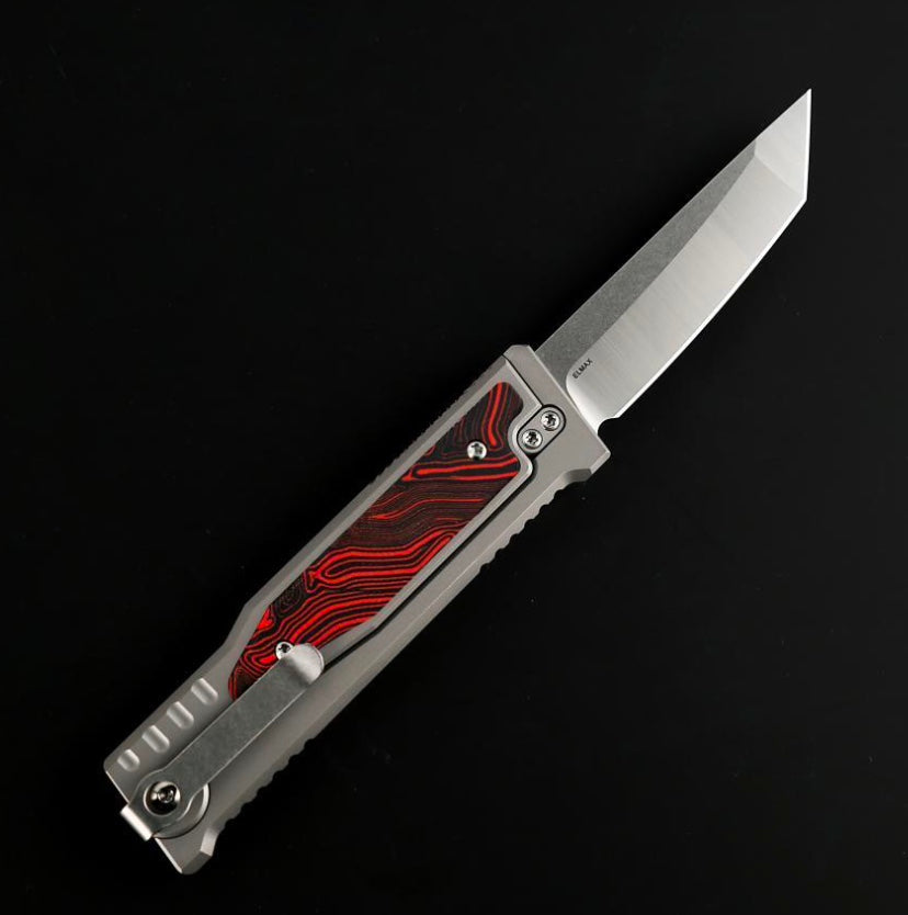 Reate EXO M Red/Black Damascus Pattern G-10 & Satin/Stonewash Tanto