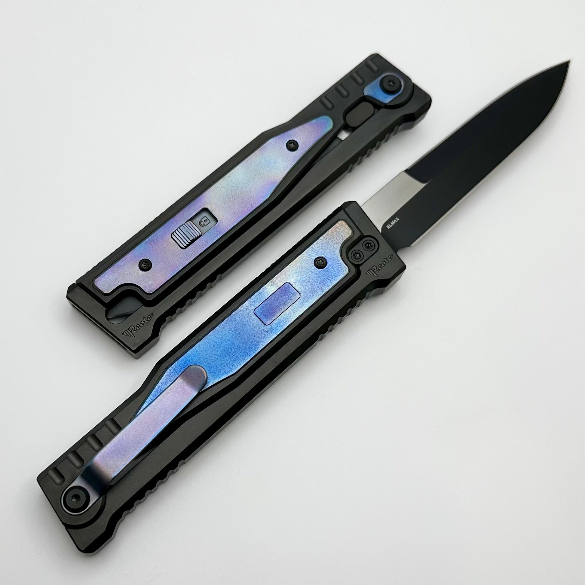 Reate EXO Exoskeleton Design V2 Flamed Titanium & Two Tone Black PVD Double Edge Bayonet w/ Blue Accents