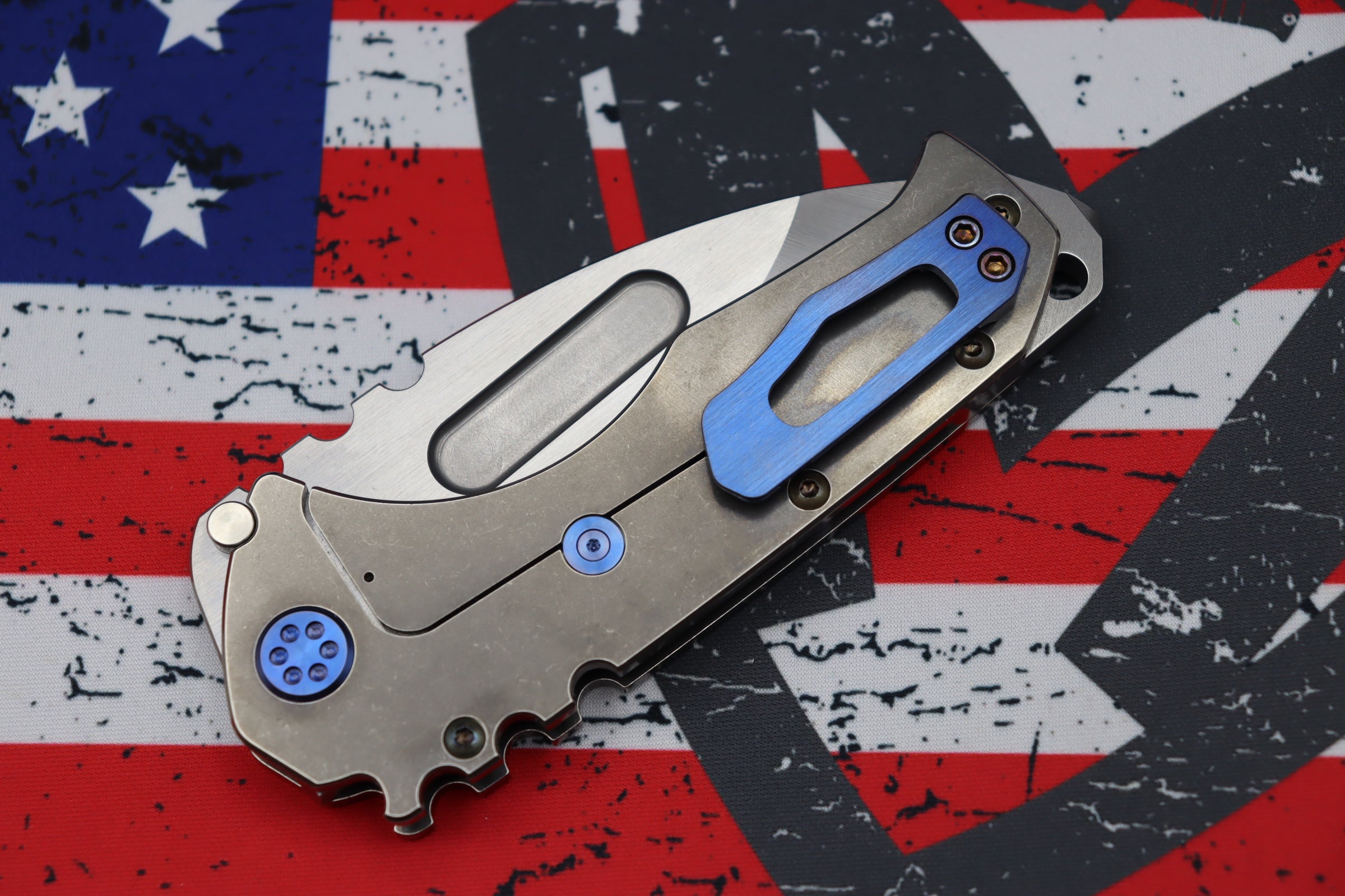 Medford Knife Praetorian T Drop Point Tumbled S35 & Tumbled Handles w/ Blue Hardware/Clip