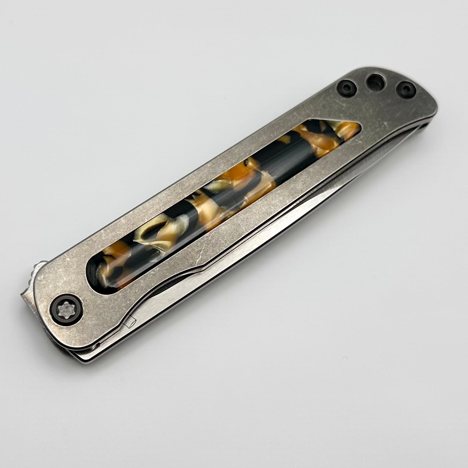 Medford T-Bone Tumbled Titanium Framelock Flipper w/ Tortoise Shell Inlay & PVD Hardware w/ Tumbled S45VN Blade