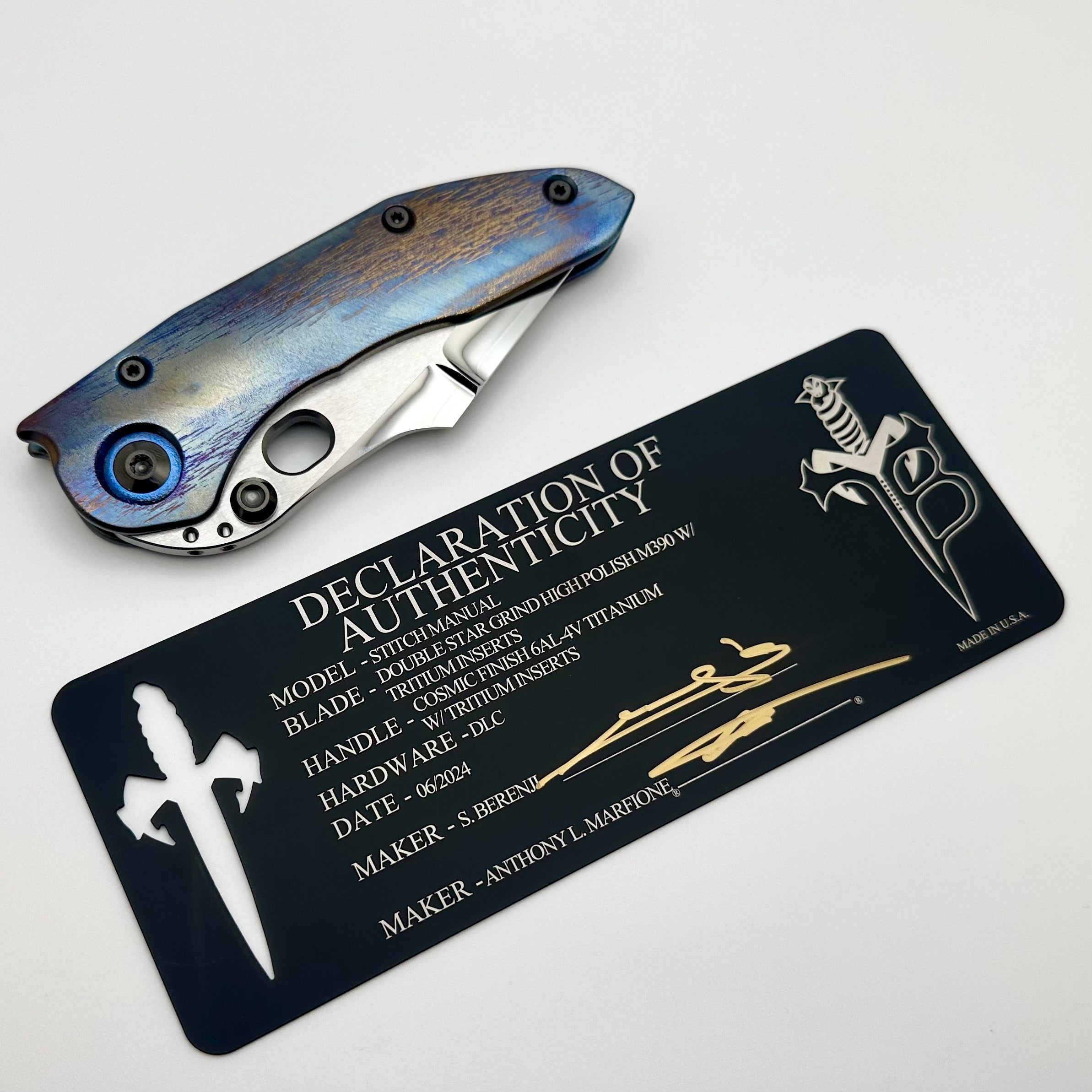 Marfione Custom Knives & Borka Blades Stitch Cosmic w/ Tritium Inlaid Double Star Ground Mirror Polish