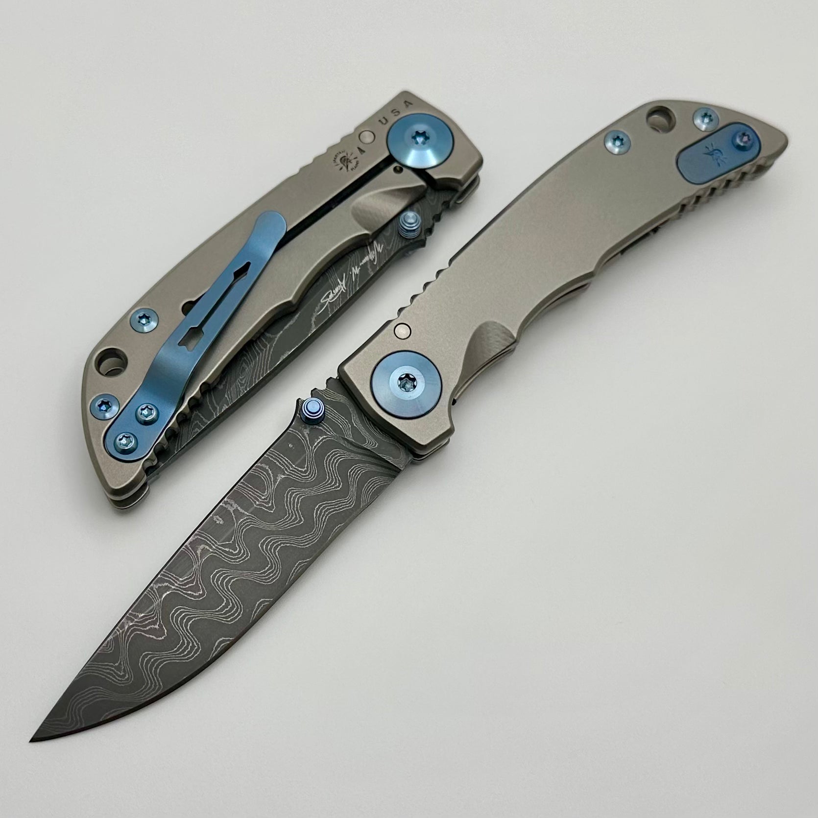 Spartan Blades Harsey Folder 3.25 w/ Damascus & Blue Accents SF10DMBL