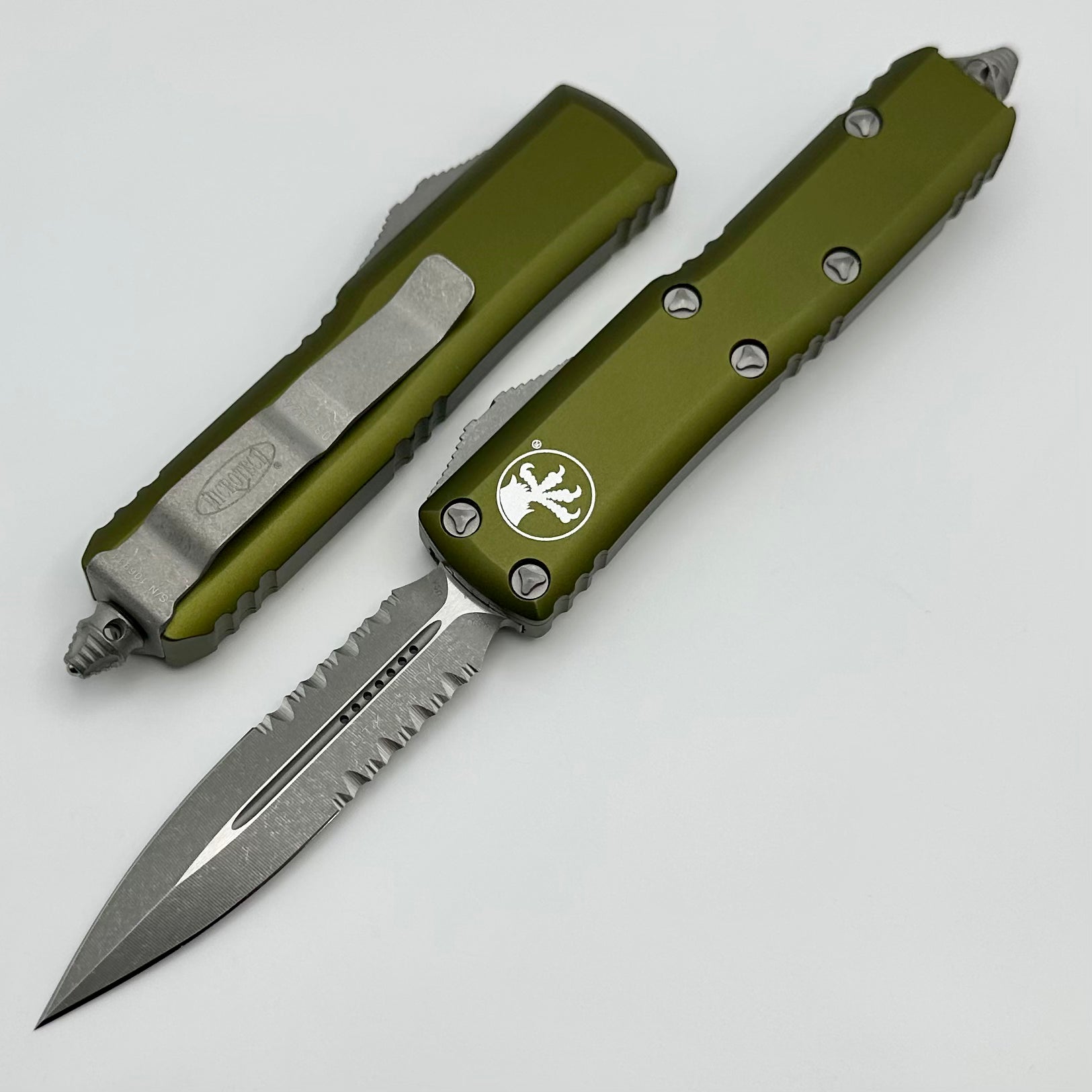 Microtech UTX-85 Double Edge Apocalyptic Partial Serrated & OD Green 232-11APOD