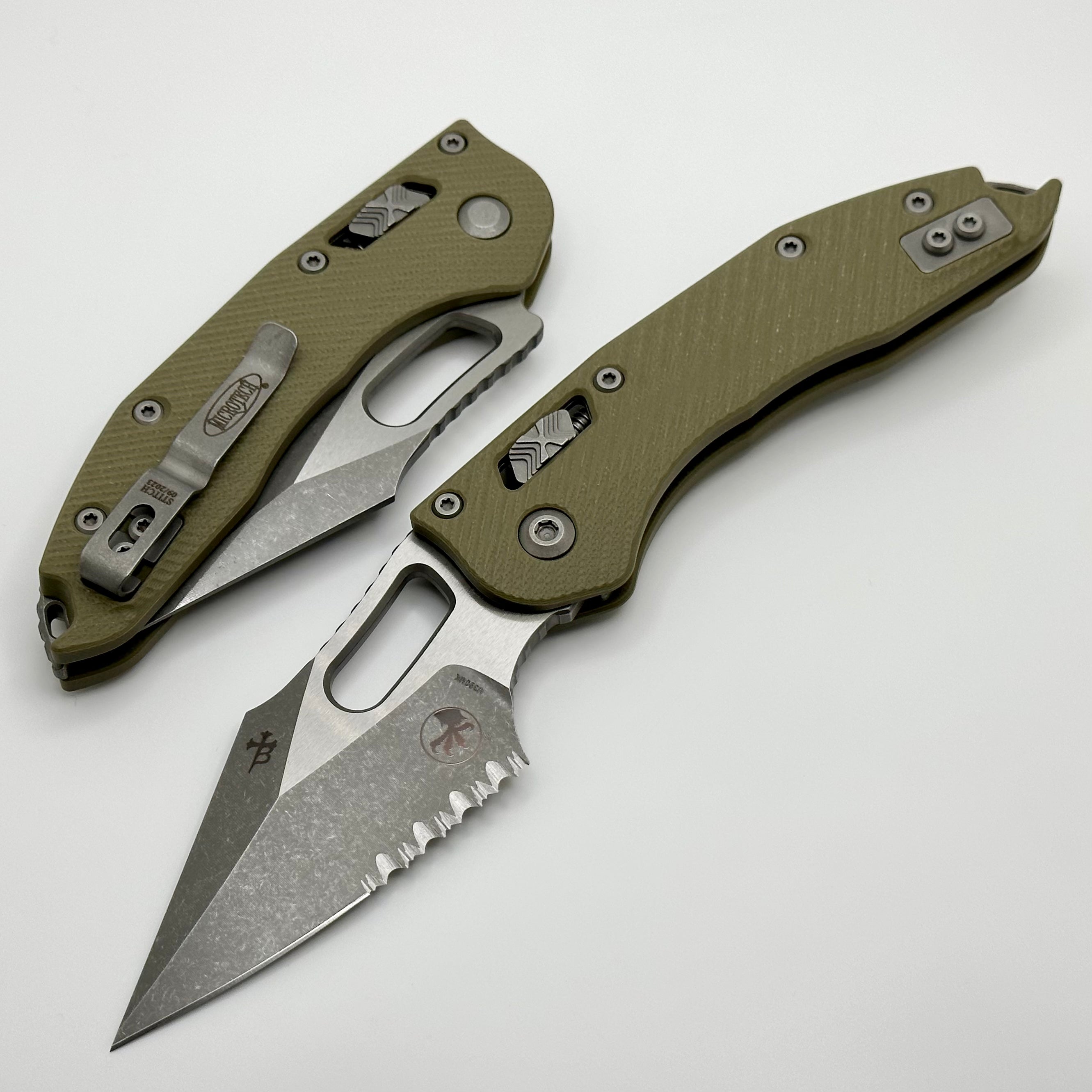 Microtech Knives Manual Stitch RAM LOK Fluted OD Green G-10 & Partial Serrated M390MK Apocalyptic Standard 169RL-11APFLGTOD