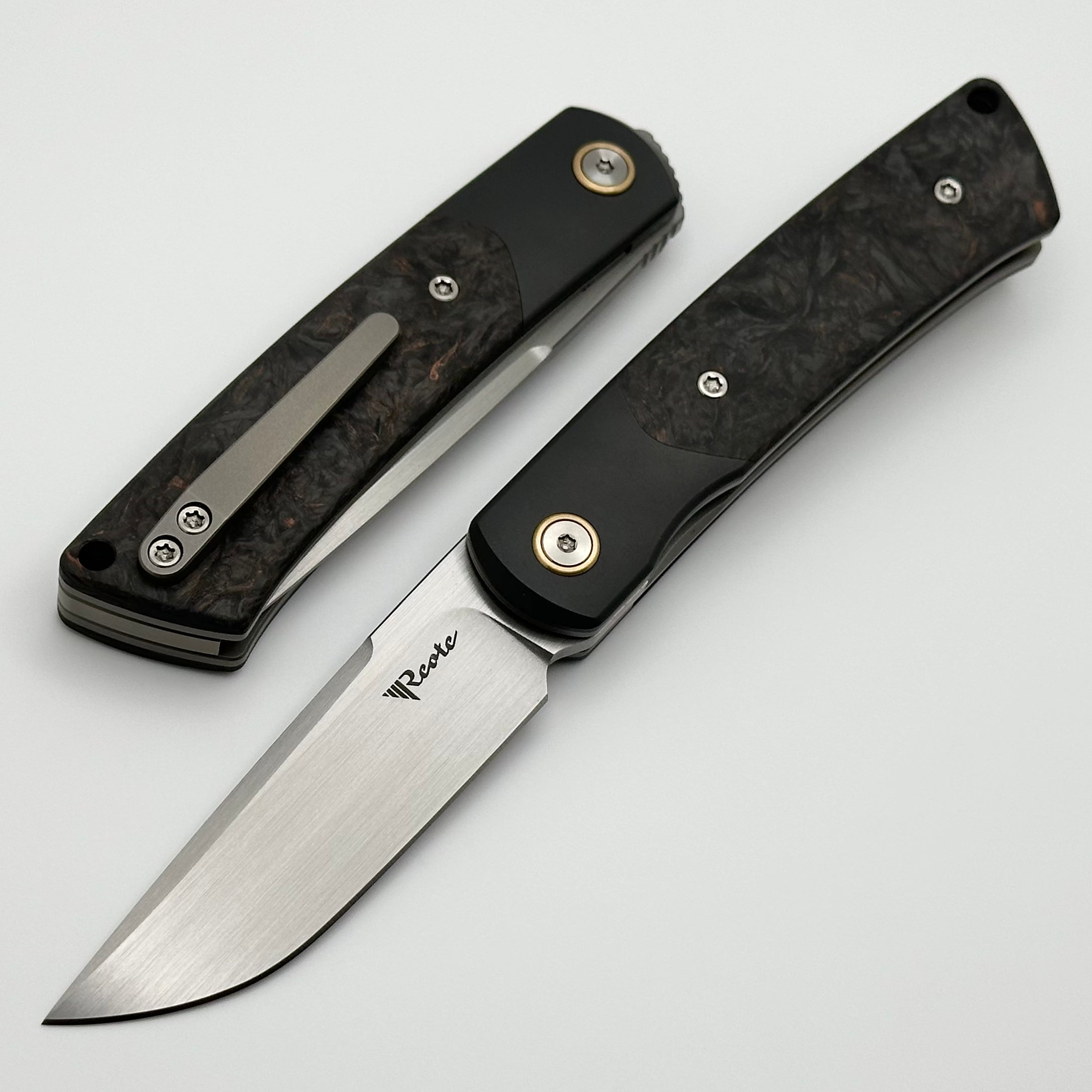 Reate Knives Tribute w/ Zirconium Bolsters & Dark Matter Copper Fat Carbon w/ Hand Satin M390