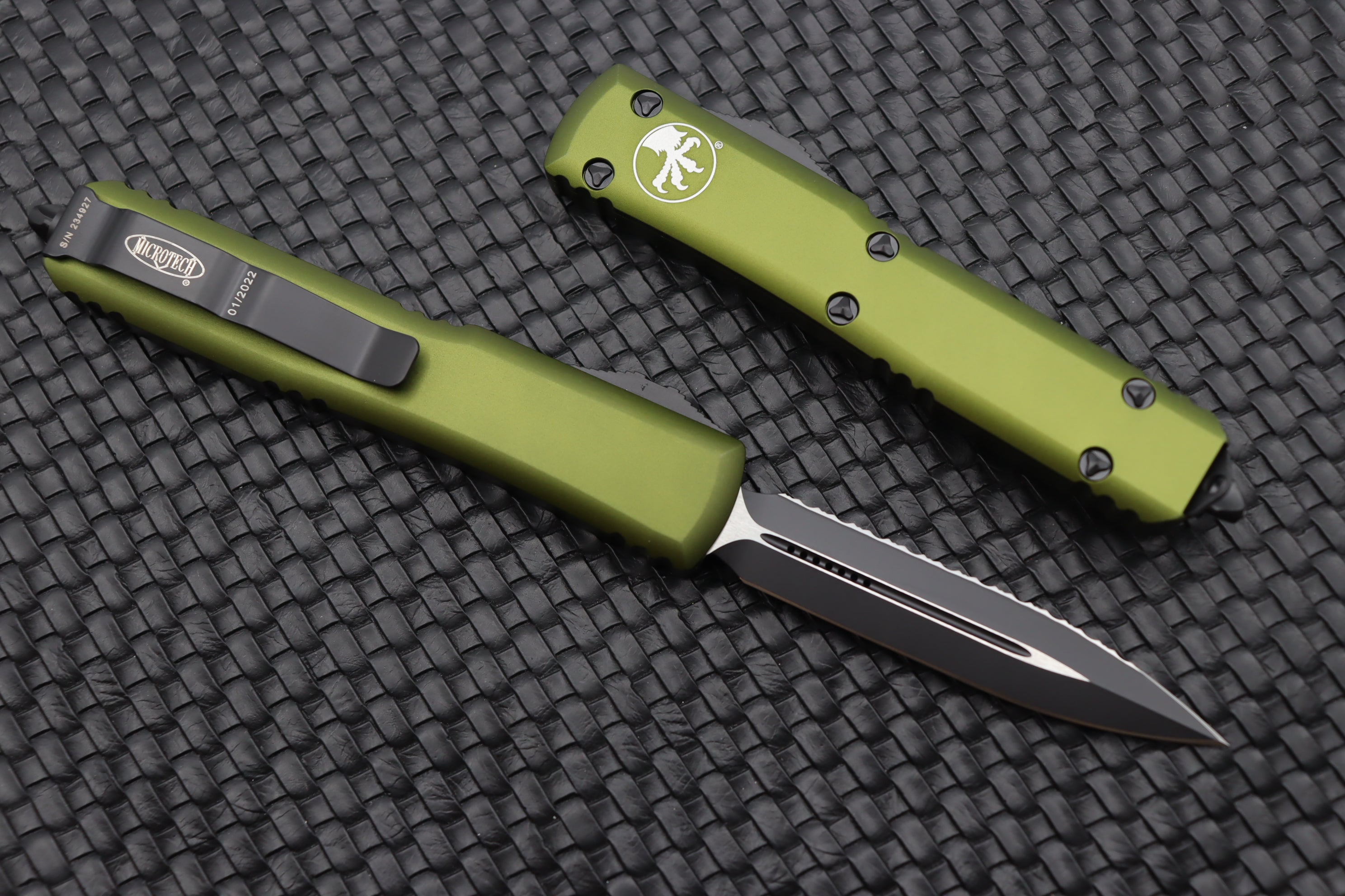 Microtech Ultratech Black Double Edge Black Full Serrated & OD Green 122-3OD