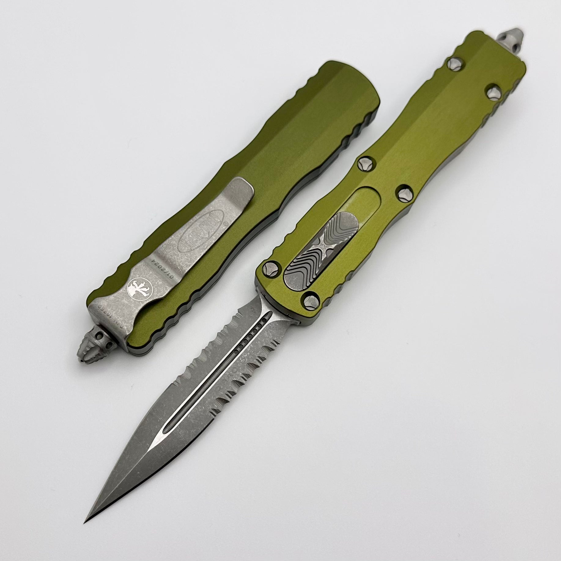 Microtech Dirac Double Edge Partial Serrated Apocalyptic Standard & OD Green 225-11APOD