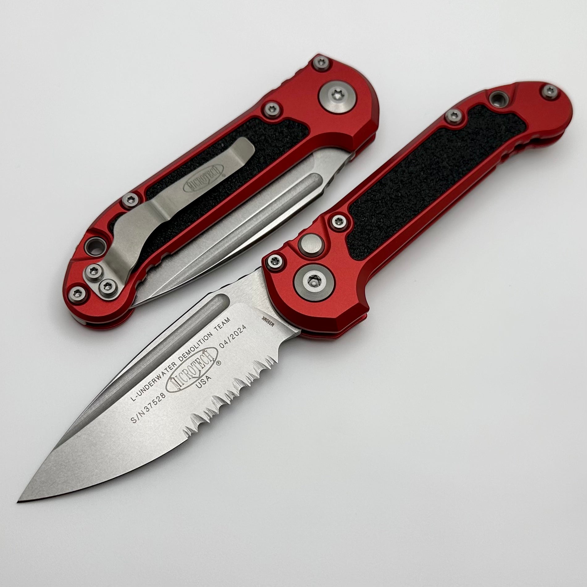 Microtech Knives LUDT Gen III Stonewash Partial Serrated Drop Point w/ Red Handle 1135-11RD