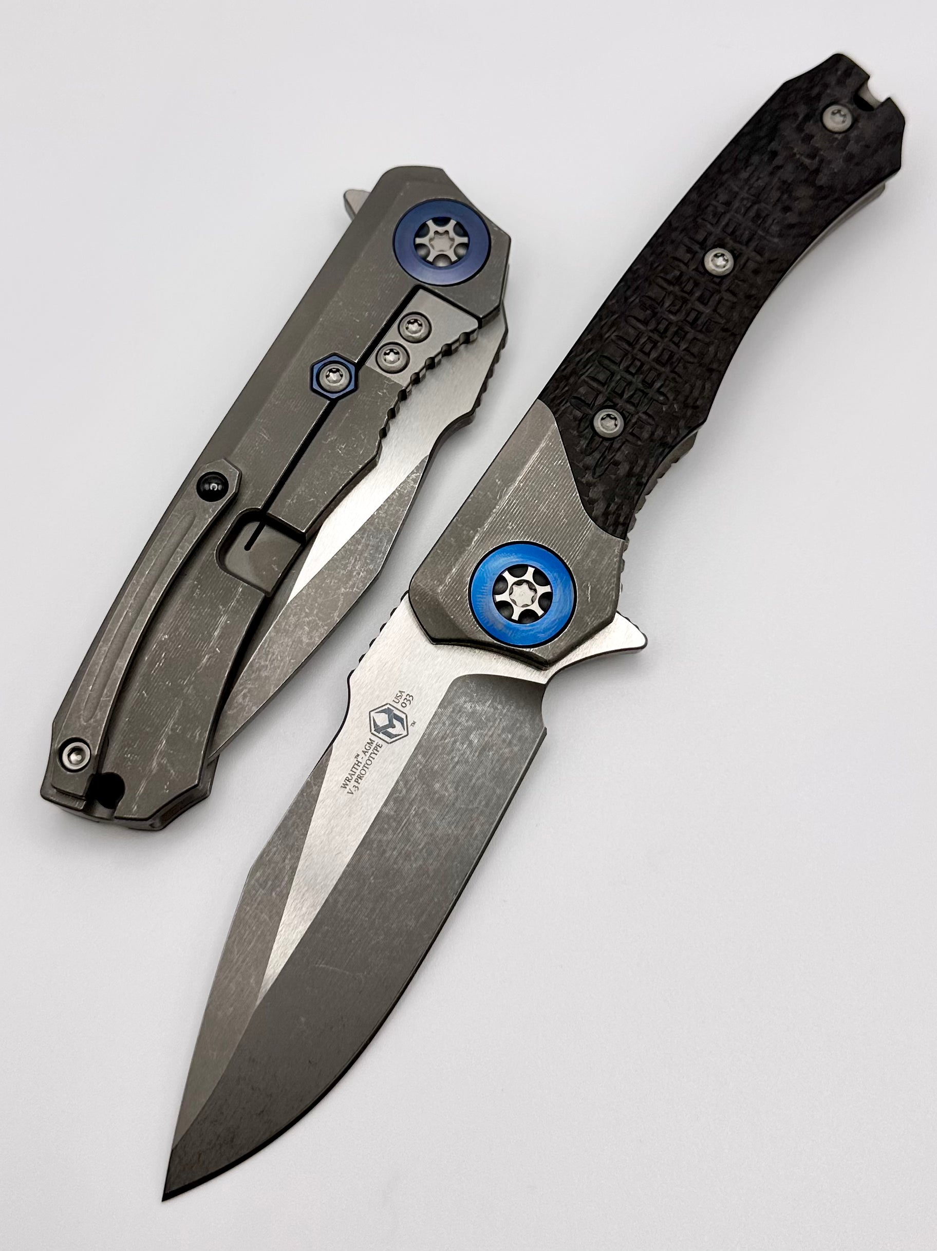 Heretic Knives Wraith V3 Prototype Milled Carbon Fiber w/ Blue Ti Accents & MagnaCut