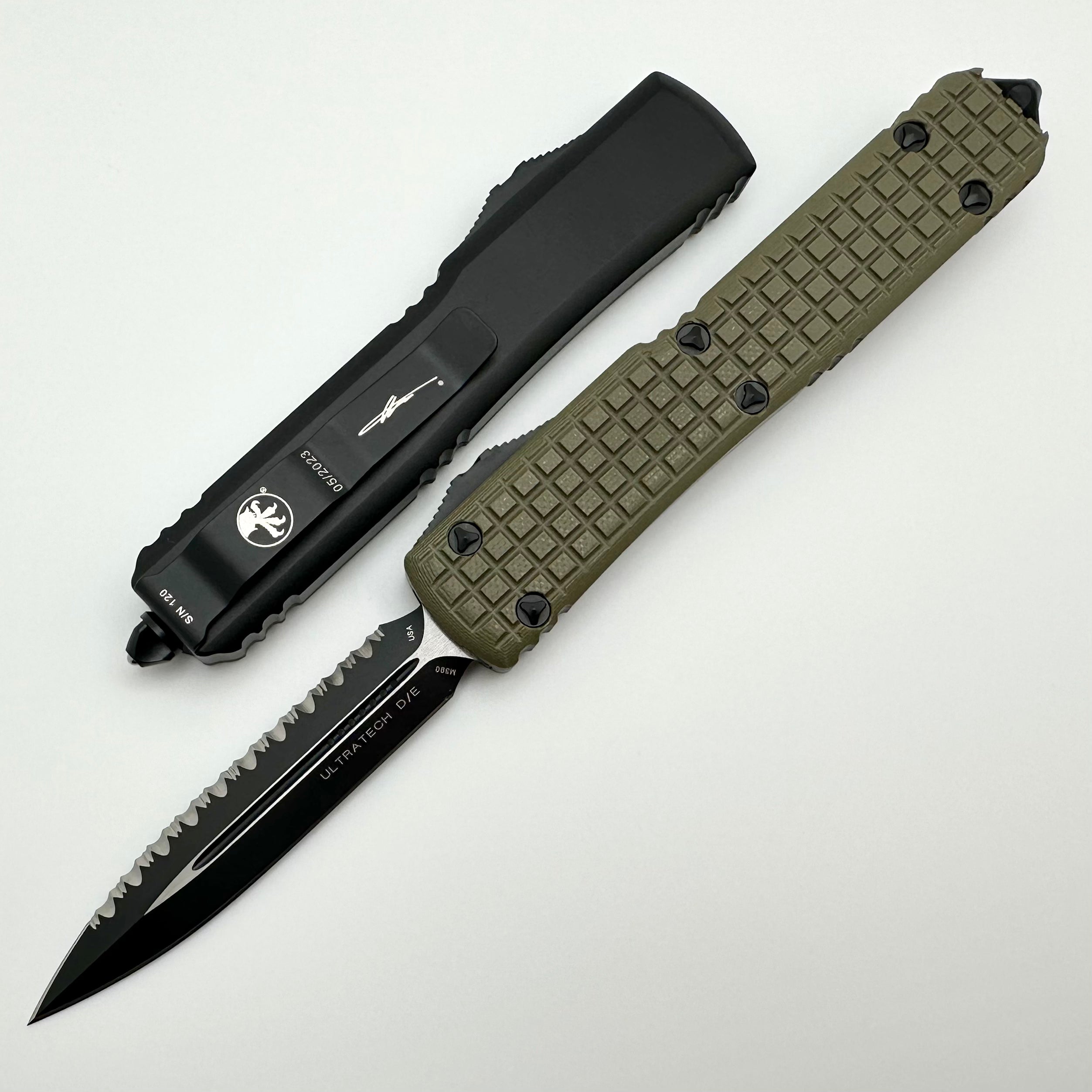 Microtech Ultratech OD Green Frag G-10 Top Tactical Standard & Double Edge Full Serrated Signature Series 122-3FRGTODS