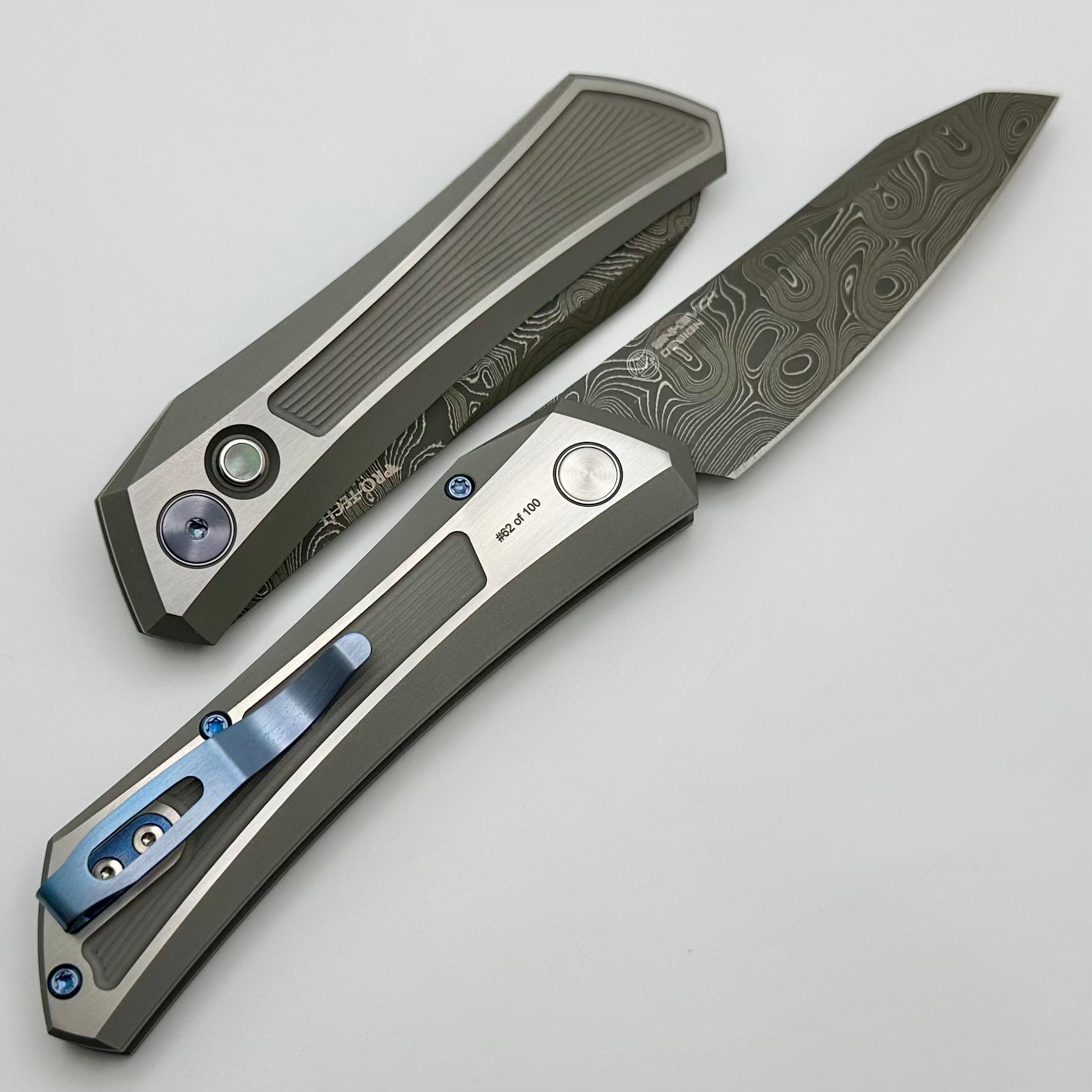 Pro-Tech Oligarch Milled Stainless Handle & Pearl Button w/ Virus Damascus 2024 Custom 003