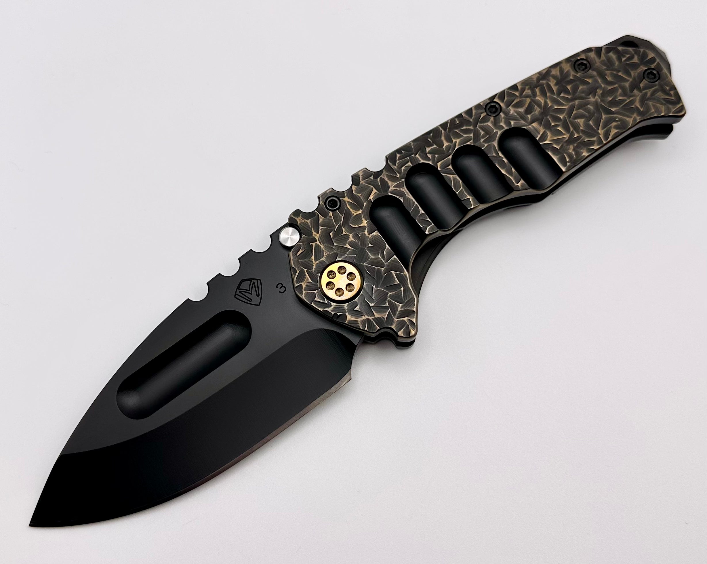 Medford Knife Praetorian TI Drop Point PVD 3V & Brushed/Bronze Hammered Sculpted Handles & PVD/Bronze Hardware/Clip