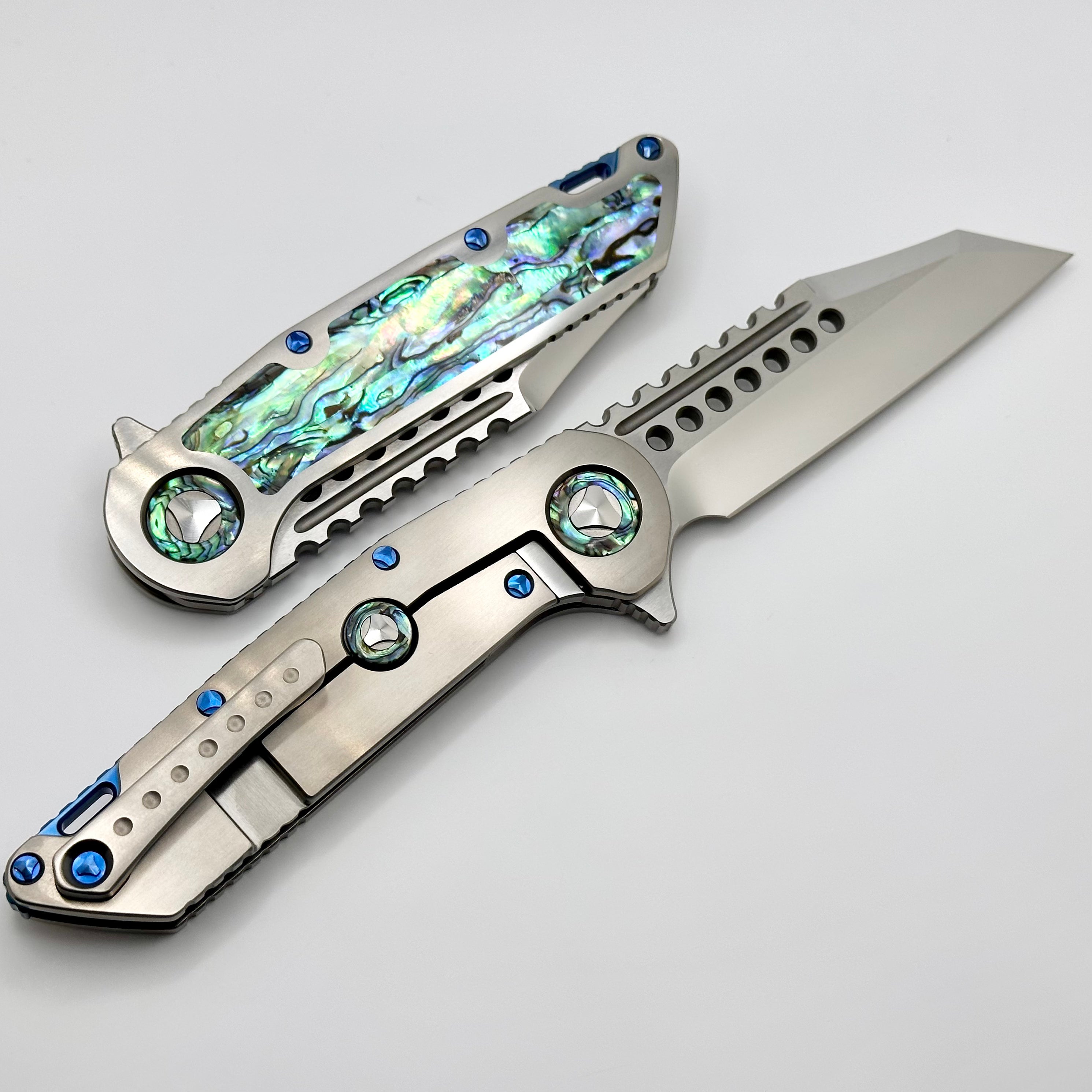 Marfione Custom Knives Warhound Mirror Polish & Abalone Inlaid Satin Titanium Handles w/ Blue Titanium Hardware