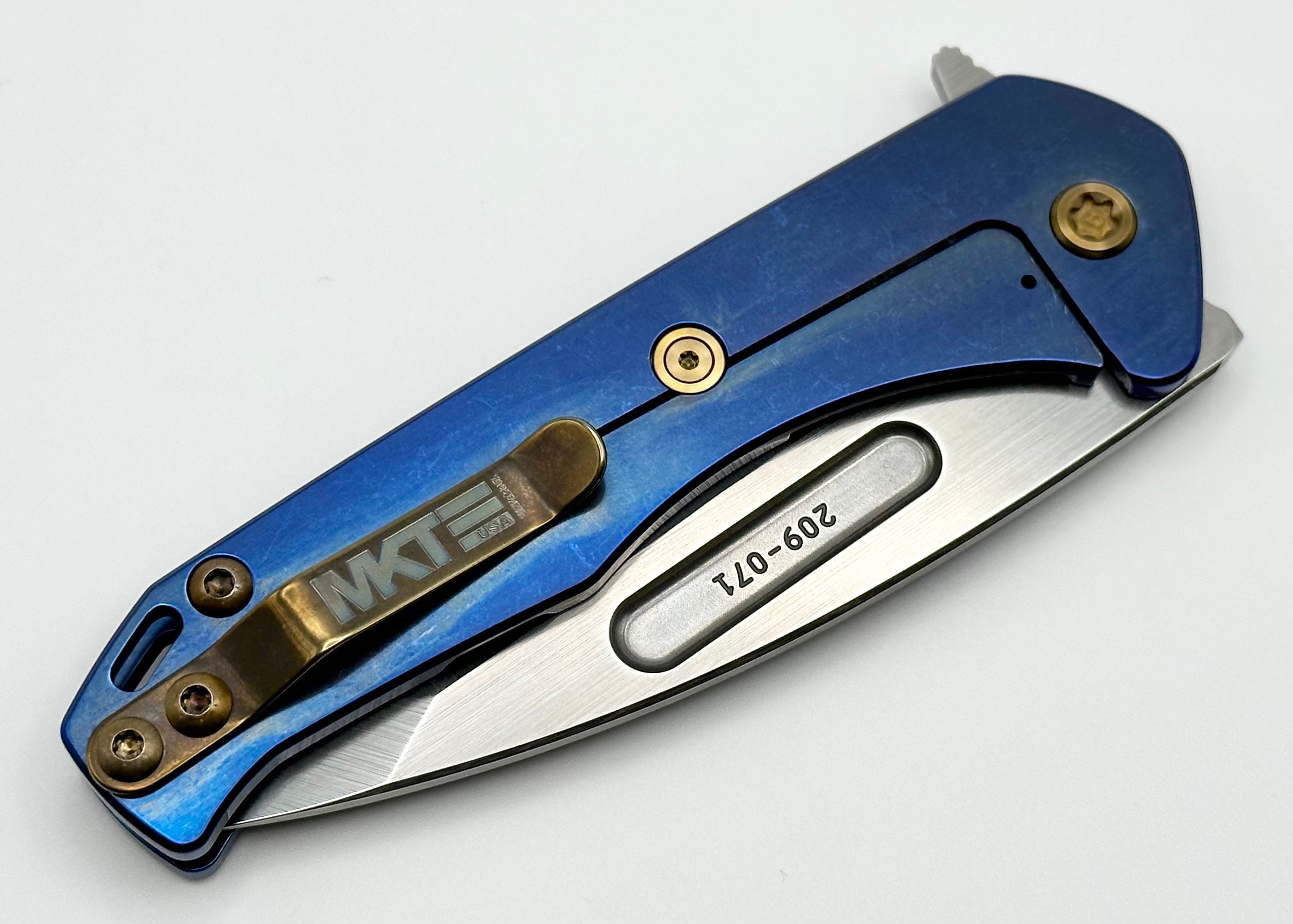 Medford Praetorian Slim Flipper S35VN Tumbled Tanto & Blue Handles w/ Bronze Hardware/Clip