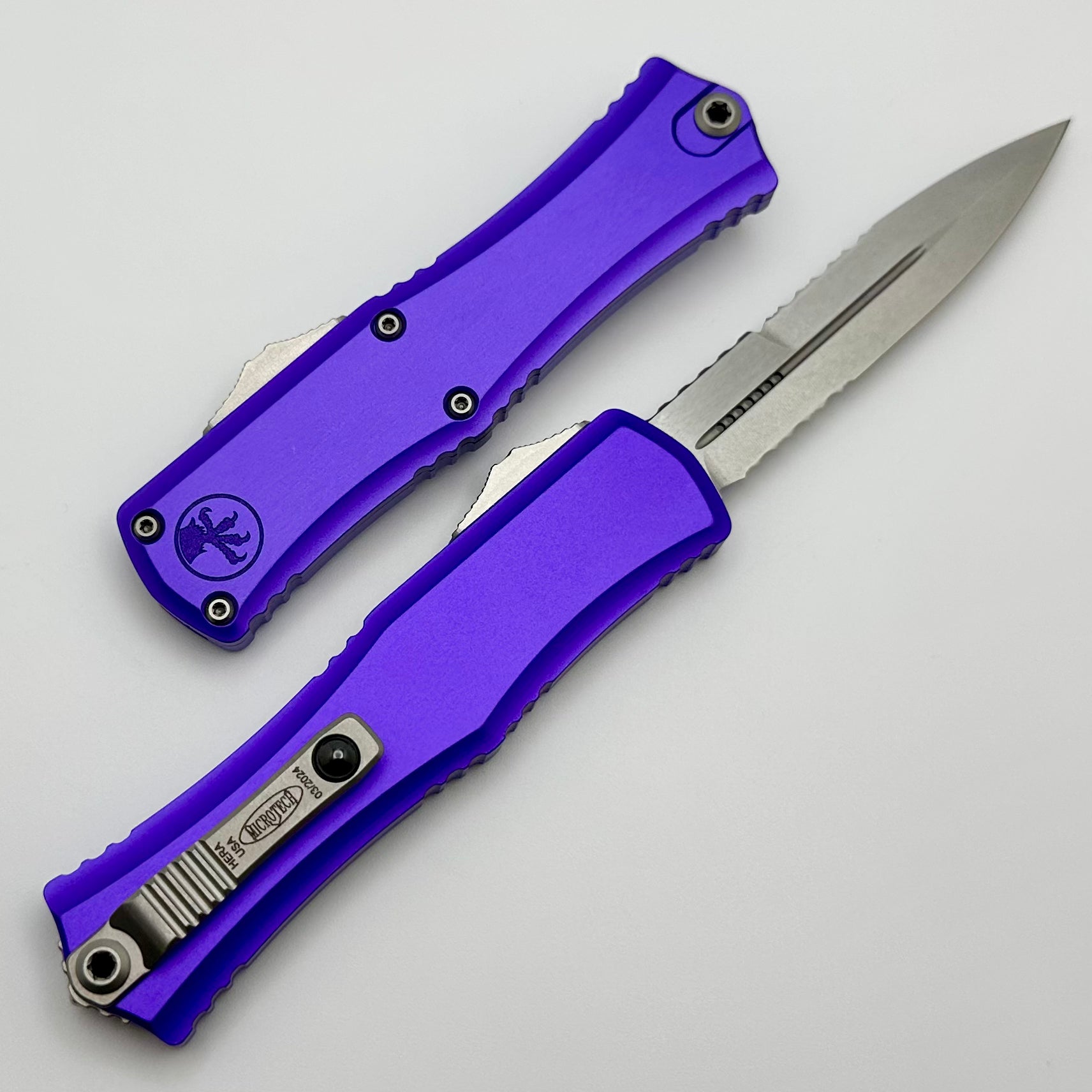 Microtech Knives Mini Hera Partial Serrated Stonewash Bayonet M390MK w/ Purple Handle 1701M-11PU