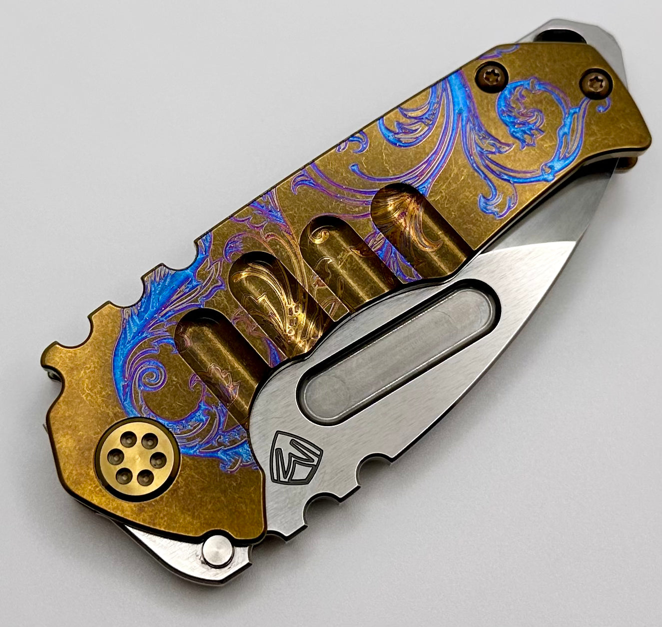 Medford Praetorian Genesis T S45 Tumbled Drop Point & Bronze Deep Engraved Laurel Leaf Filigree Handles w/ Bronze Hardware/Clip