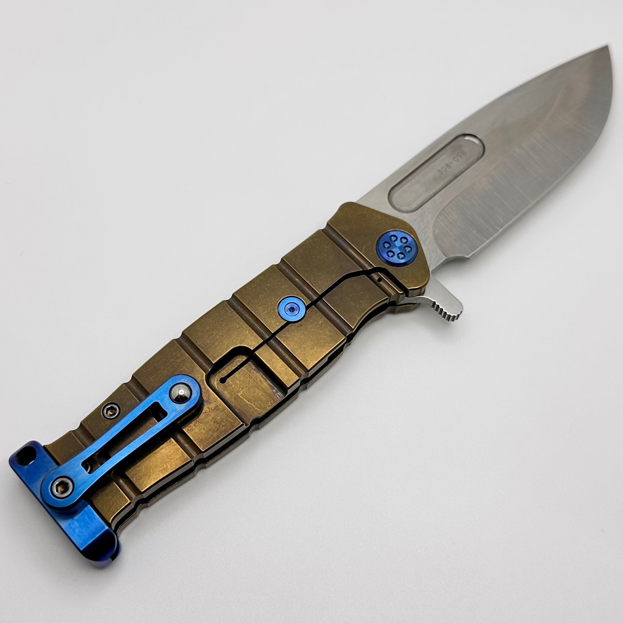 Medford Knife Fighter Flipper USMC Bronze Handles w/ Blue Hardware/Clip/Pommel & Tumbled S45VN