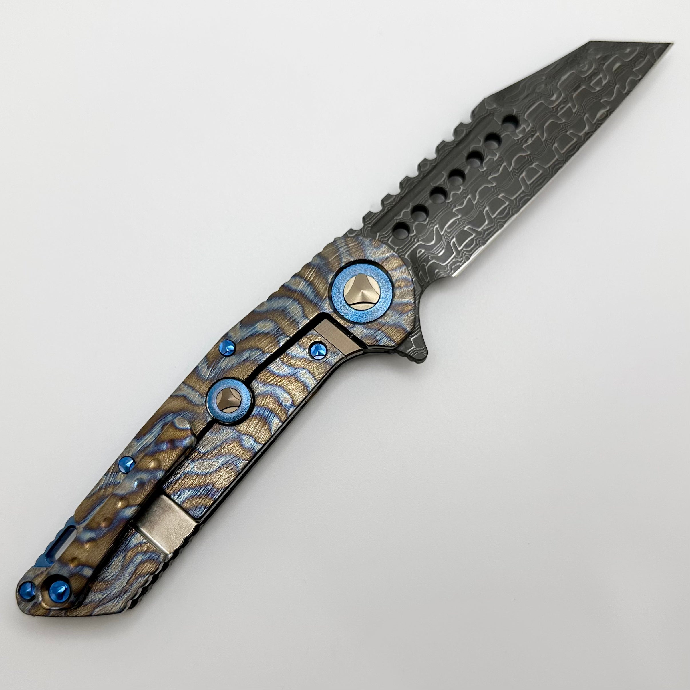 Marfione Custom Knives Warhound Flamed Barked Titanium w/ Blue Ti Hardware & Vegas Forge Stainless Reptilian Damascus Pattern #2