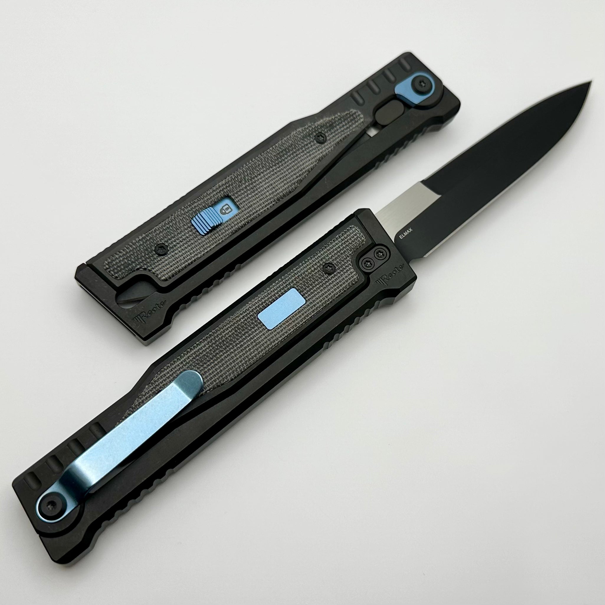 Reate EXO Exoskeleton Design V2 Black Micarta & Two Tone Black PVD Double Edge Bayonet w/ Blue Accents