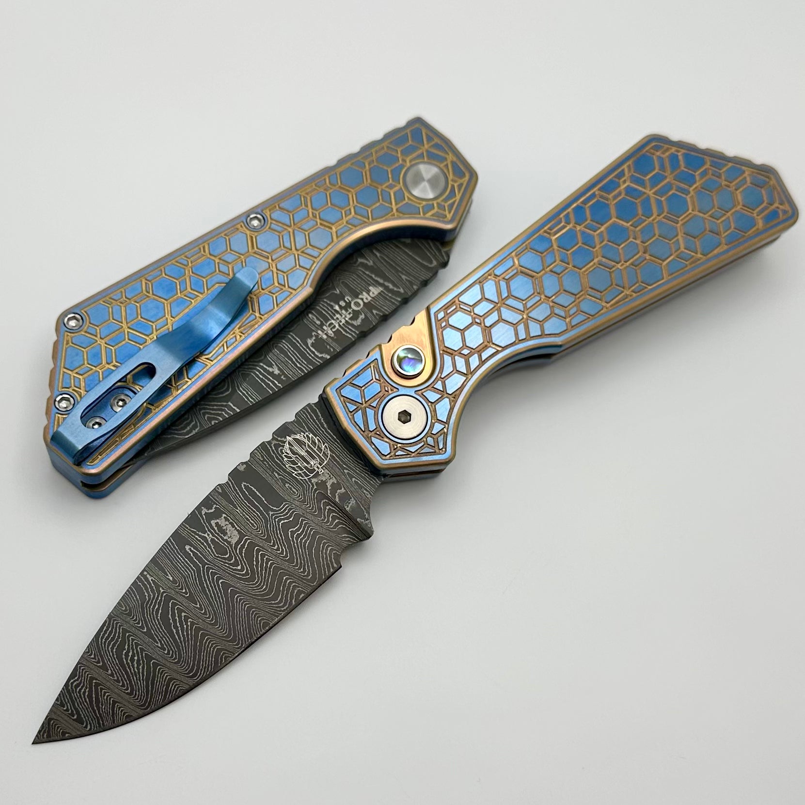 Pro-Tech PT Plus 2 Tone Ti Blue/Gold Gridlock Handle w/ Abalone Button & Damascus Blade 2024 Custom 006