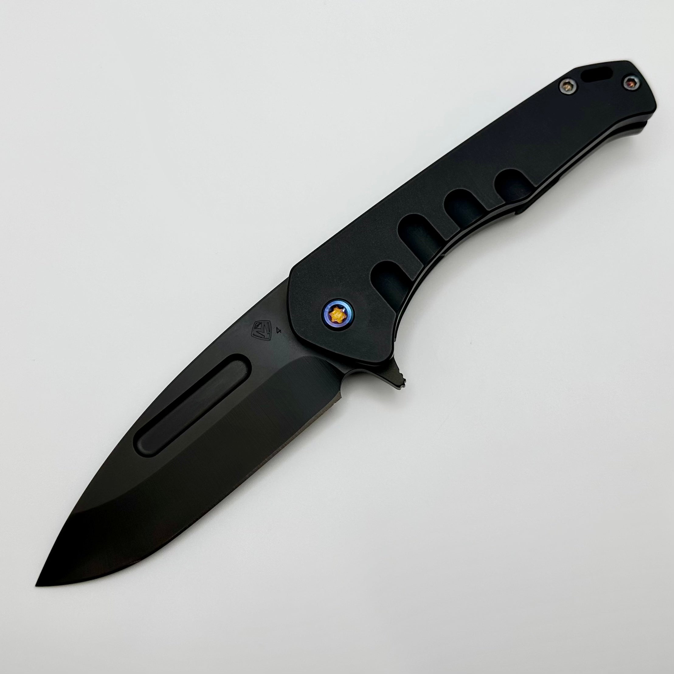 Medford Praetorian Swift FL Framelock w/ PVD Drop Point S45VN & Black Aluminum Handle w/ PVD Spring & Flamed Hardware/Clip