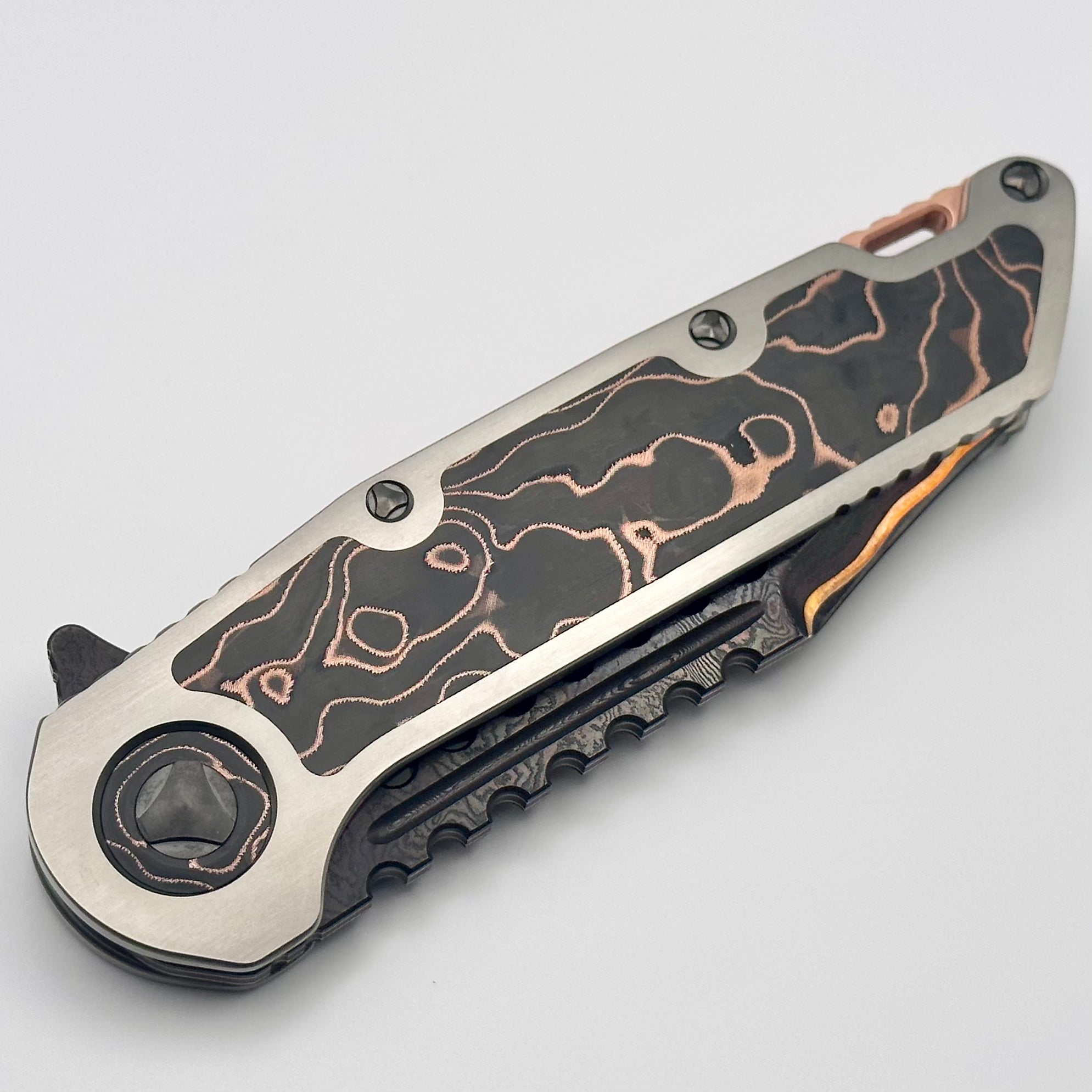 Marfione Custom Knives Warhound Sunset GoMai Baker Forge Damascus w/ Titanium & Protech Composites Copper CF Inlay