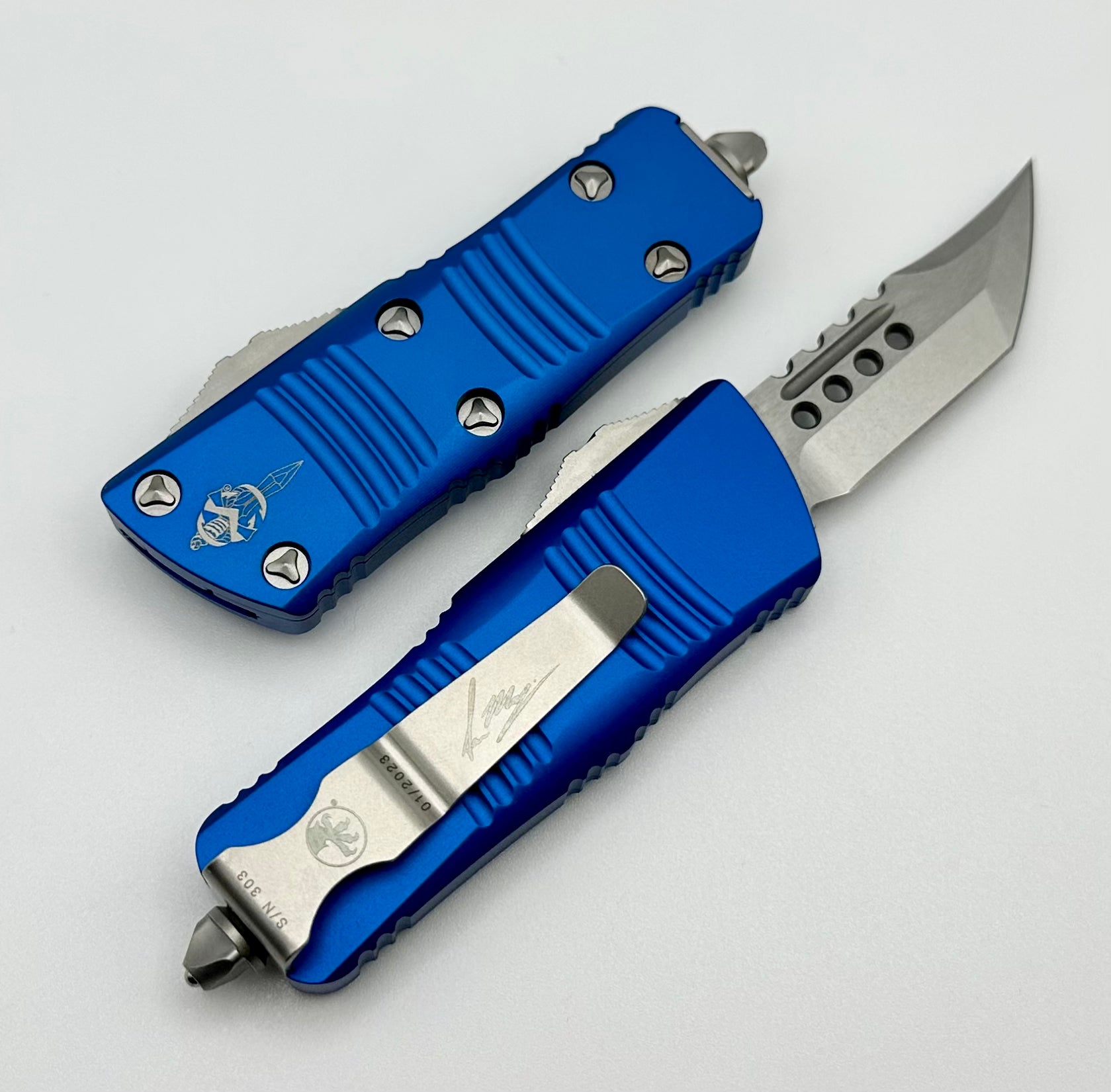 Microtech Mini Troodon Hellhound Stonewash & Blue Signature Series 819-10BLS