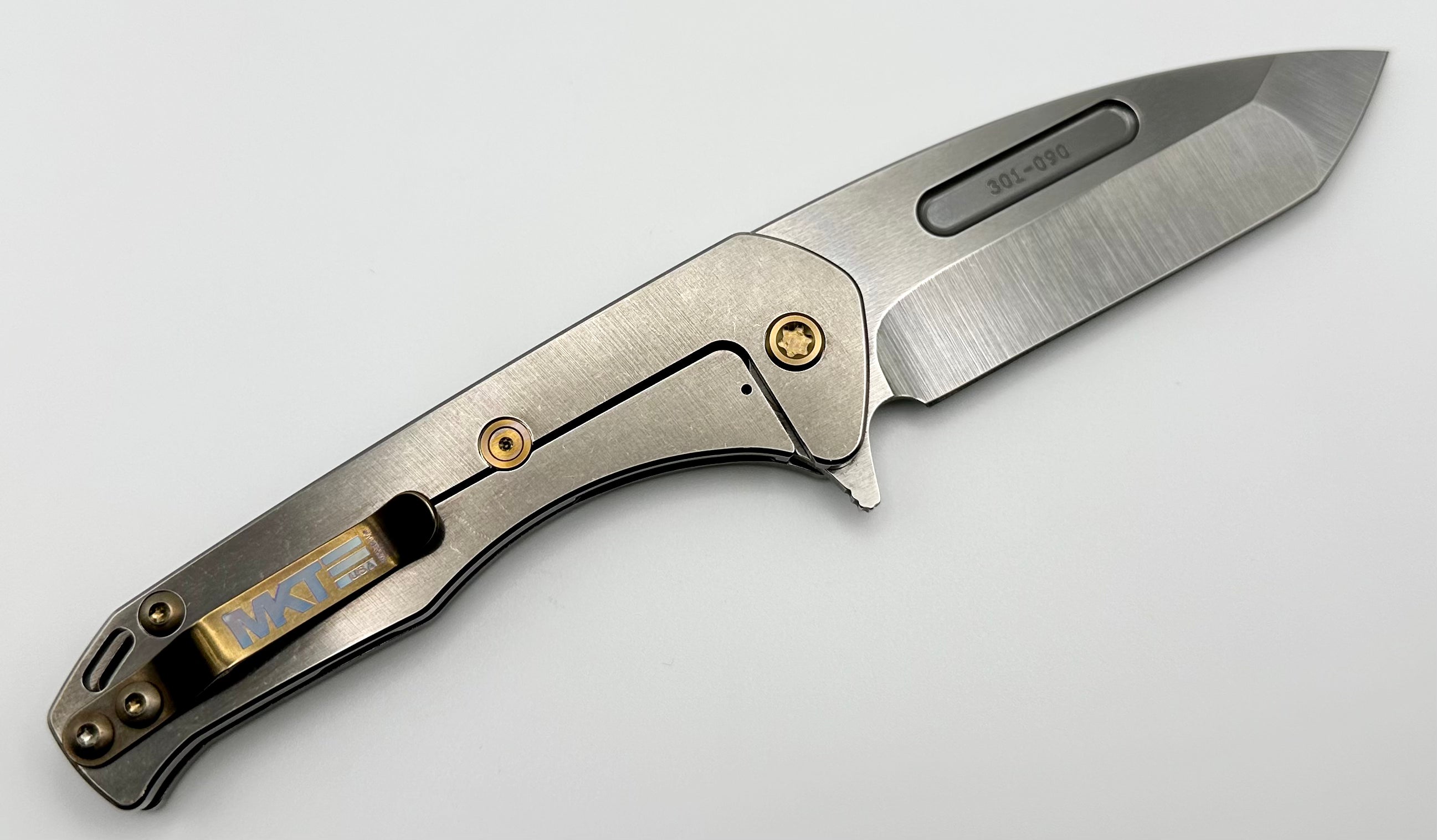 Medford Praetorian Slim Flipper S45VN Tumbled Tanto & Bronze Art Nouveau Laser Engraving Handles w/ Bronze Hardware/Clip