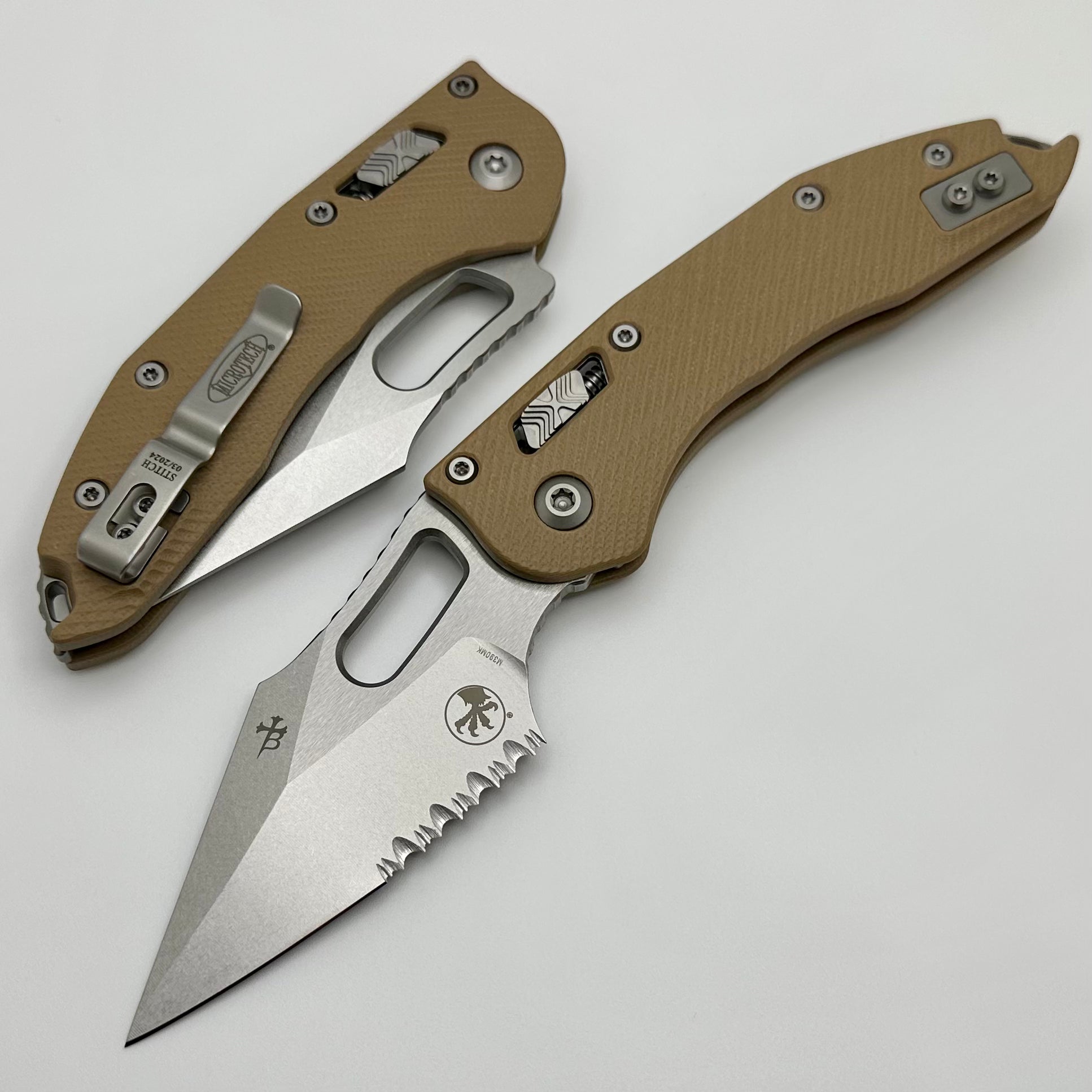 Microtech Knives Manual Stitch RAM LOK Fluted Tan G-10 & Partial Serrated M390MK 169RL-11FLGTTA