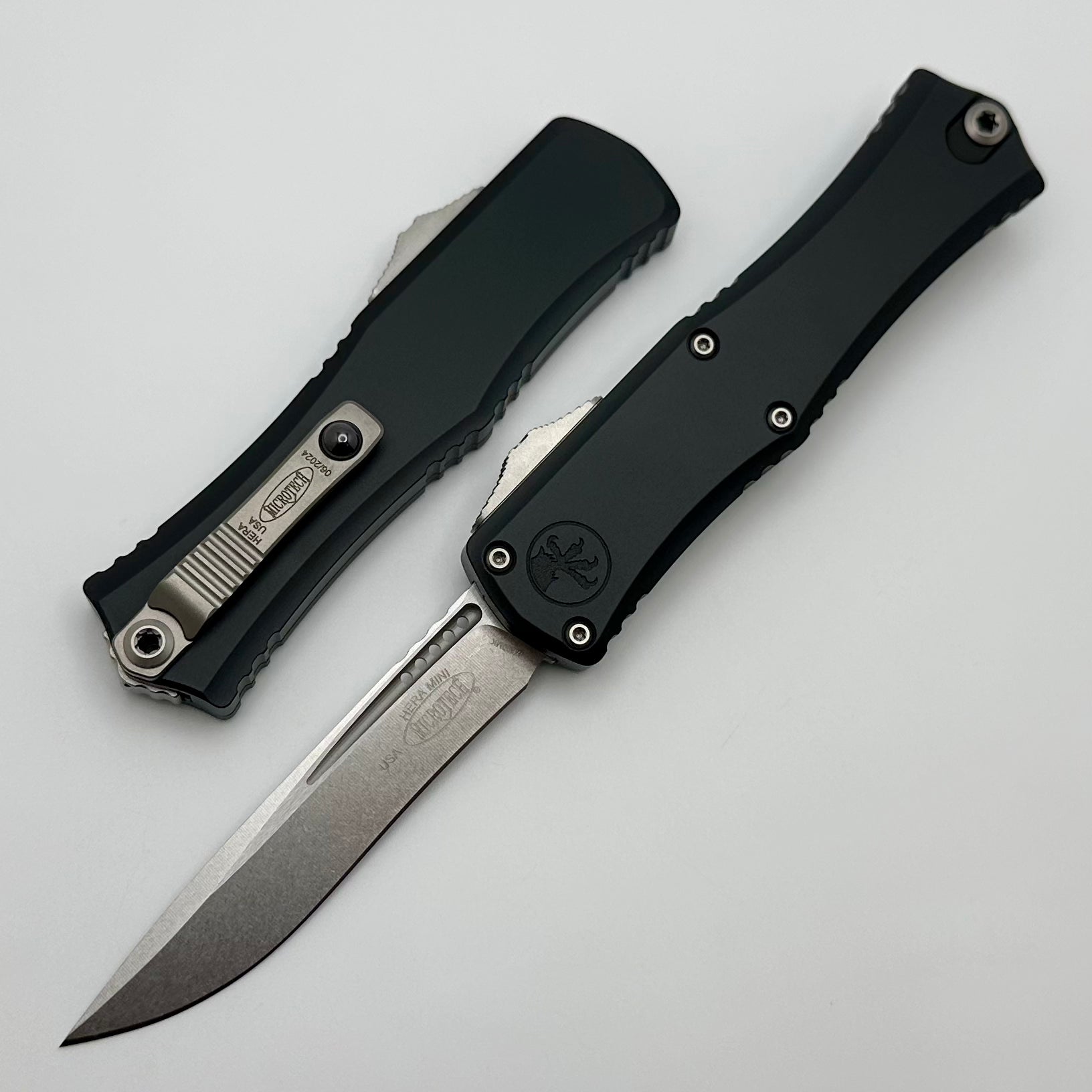 Microtech Knives Mini Hera Stonewash Recurve M390MK w/ Black Handle 1705M-10