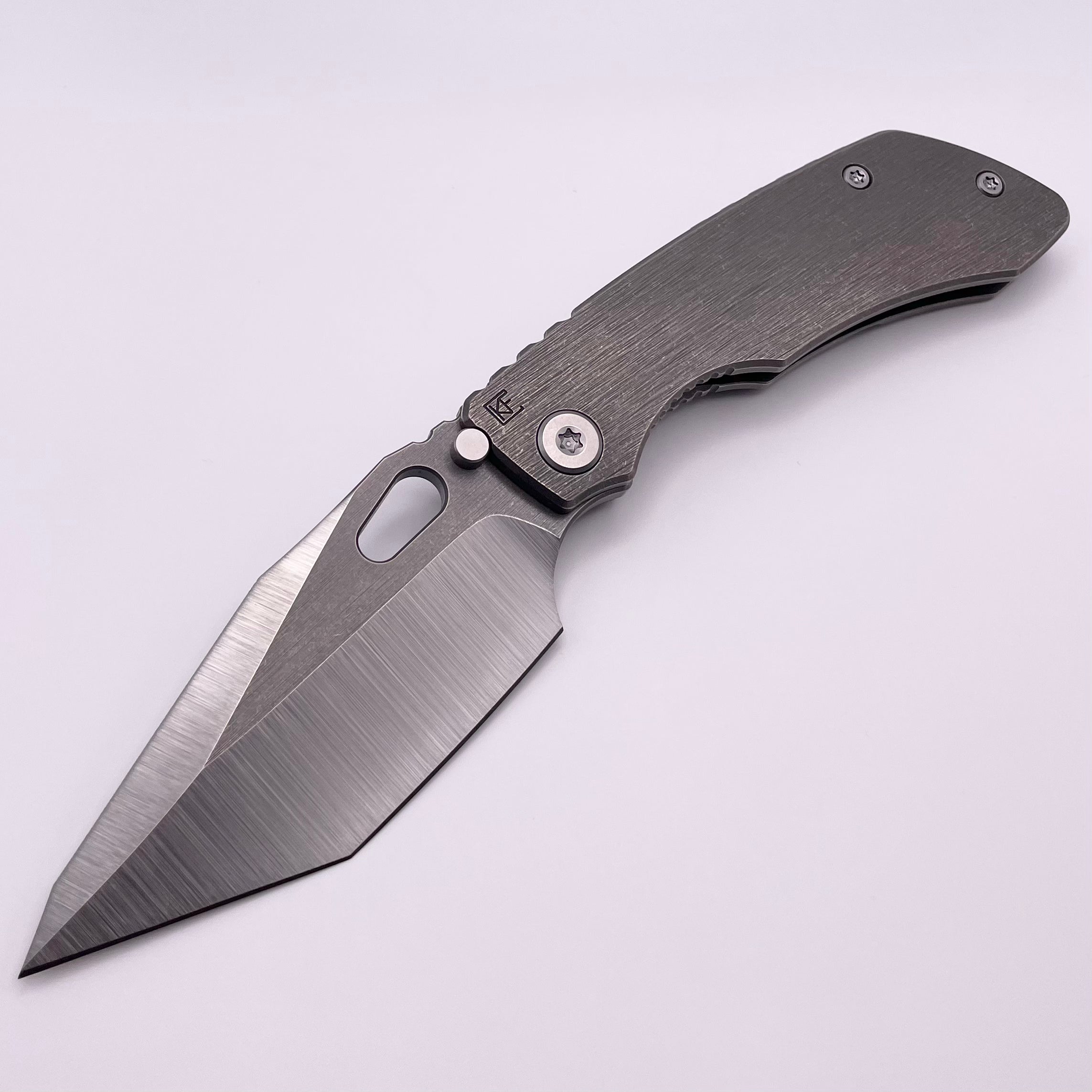 PRE OWNED Custom Knife Factory Rotten Design Evo T Machine Grind S90V w/ Tumbled Titanium Handles