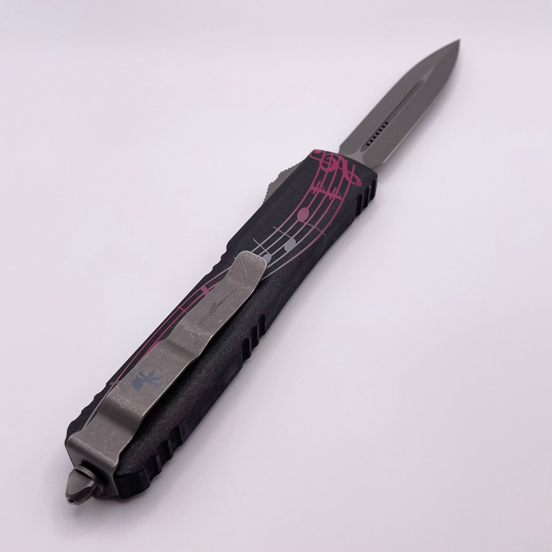 PRE OWNED Microtech Ultratech NCKS 2023 Pink & Light Blue Double Edge Apocalyptic Standard 122-10APNCKS