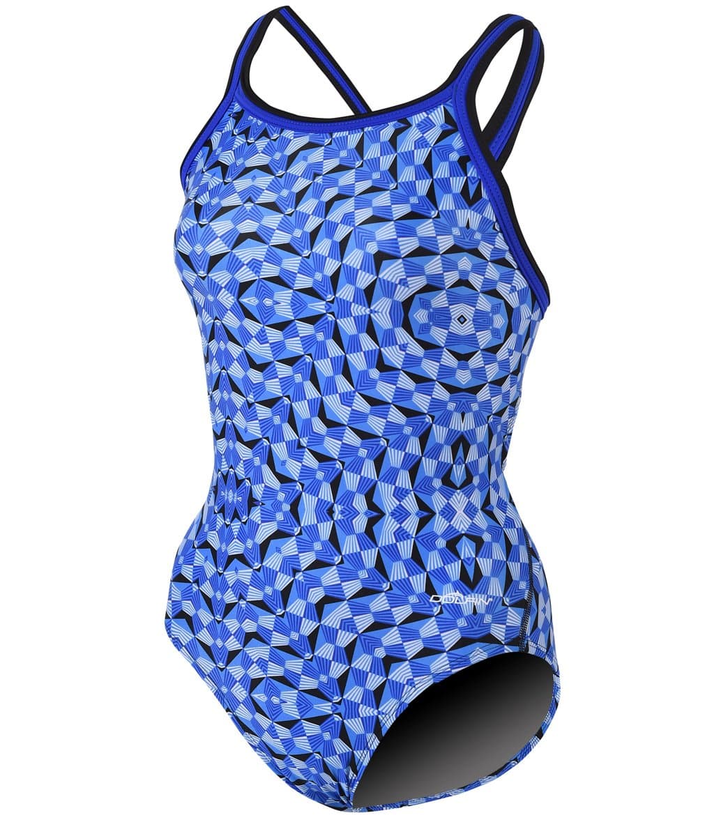 Dolfin Girls' Optik DBX Back One Piece Swimsuit Blue Optik