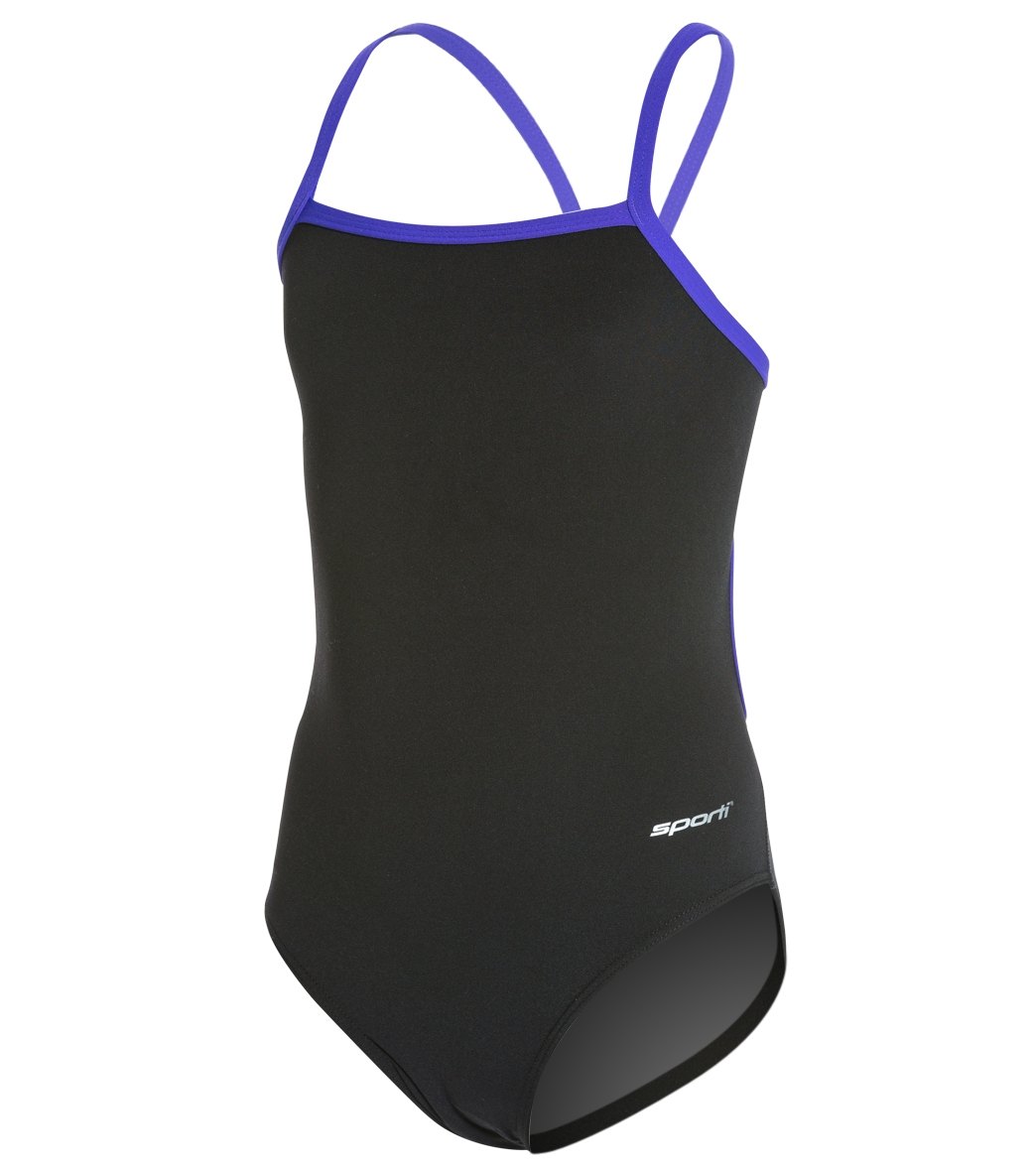 Sporti HydroLast Piped Thin Strap One Piece Swimsuit Youth (22-28) Black/Purple